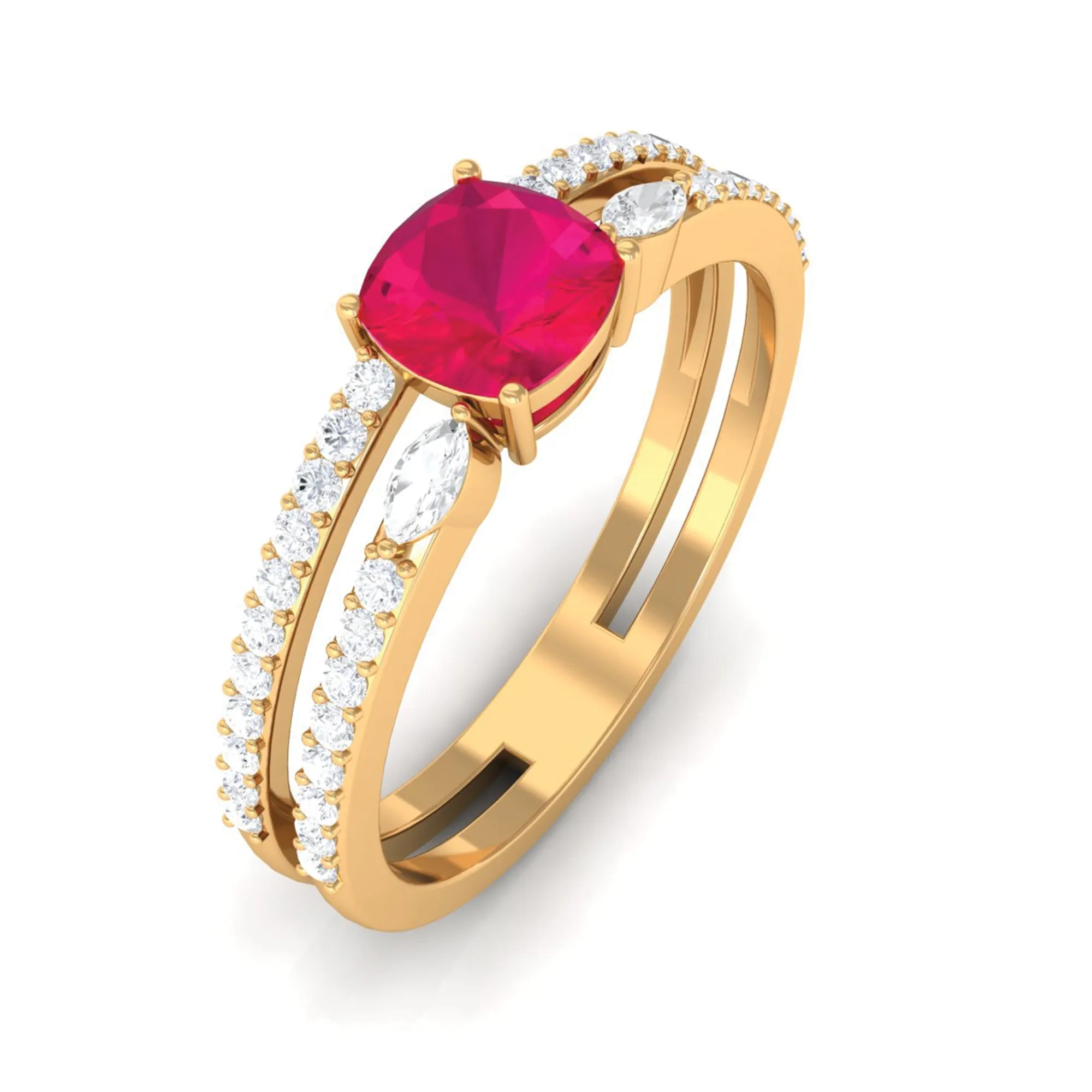 Cushion Cut Ruby Double Band Anniversary Ring with Diamond