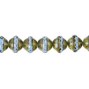 Czech Glass 12 x 10mm Montana Blue Picasso Saturn Bead Strand by Raven's Journey