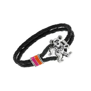 Dancing Bear Sterling Silver, Orange and Pink Enamel & Leather Bracelet