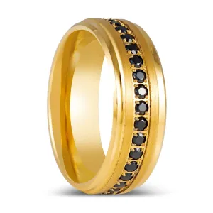 EBONYGLITZ | Yellow Gold Ring, Black CZ Ring, Stepped Edge
