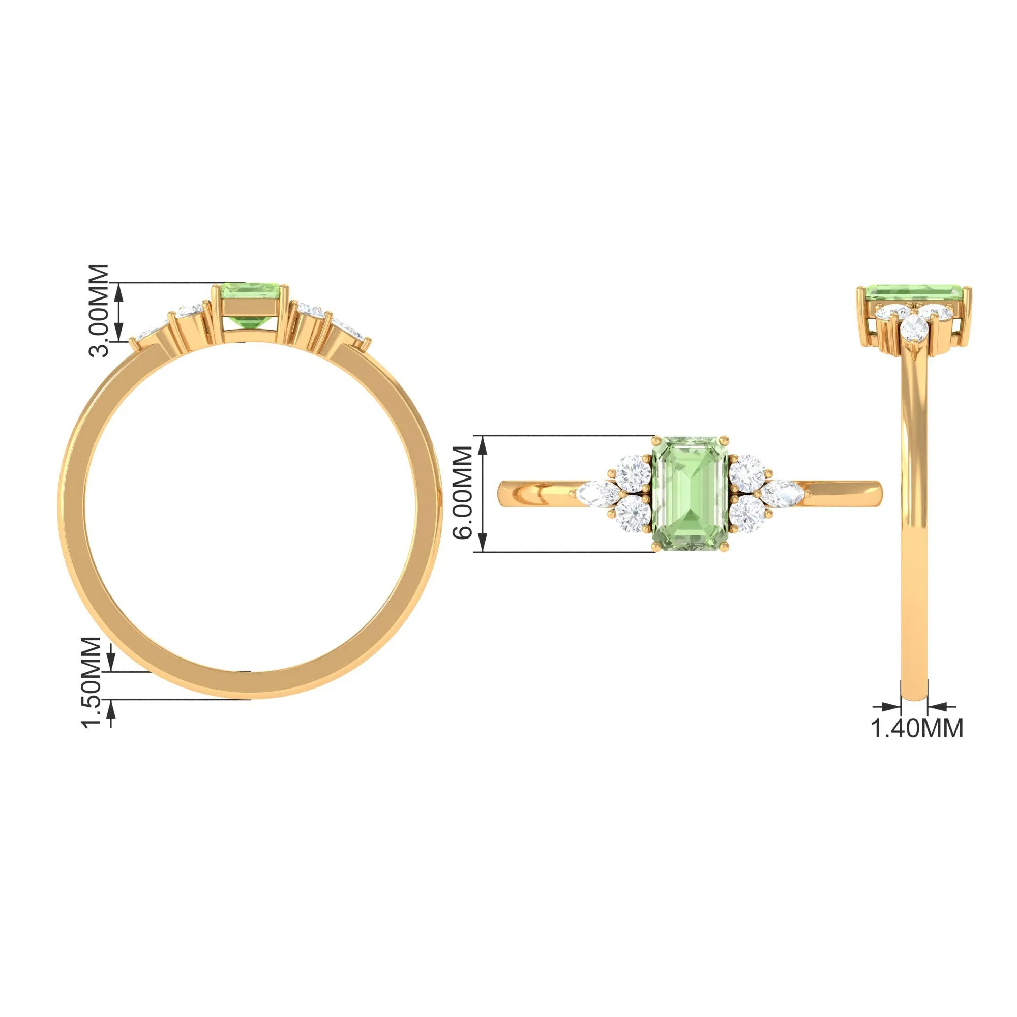 Emerald Cut Green Sapphire Promise Ring with Diamond Trio