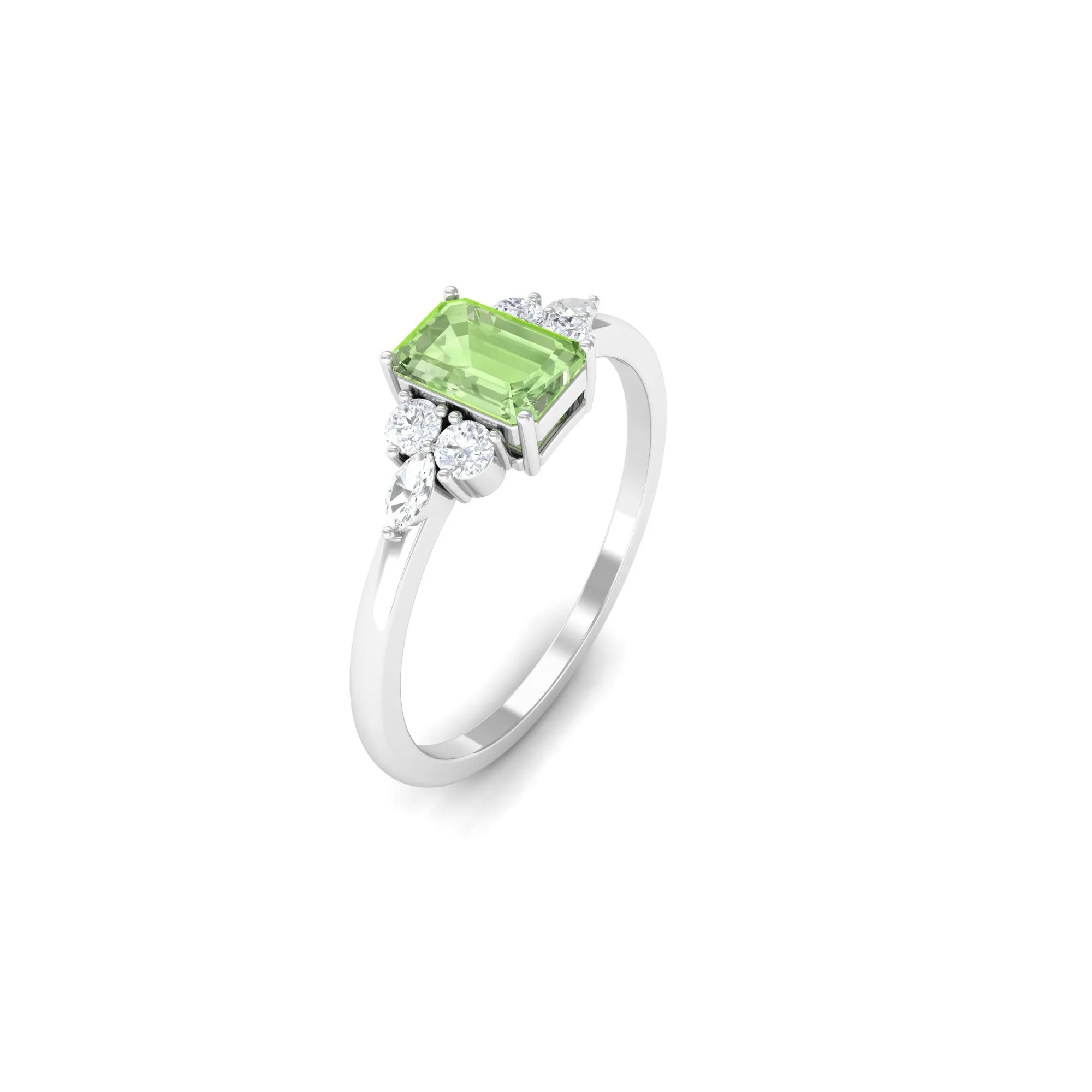 Emerald Cut Green Sapphire Promise Ring with Diamond Trio