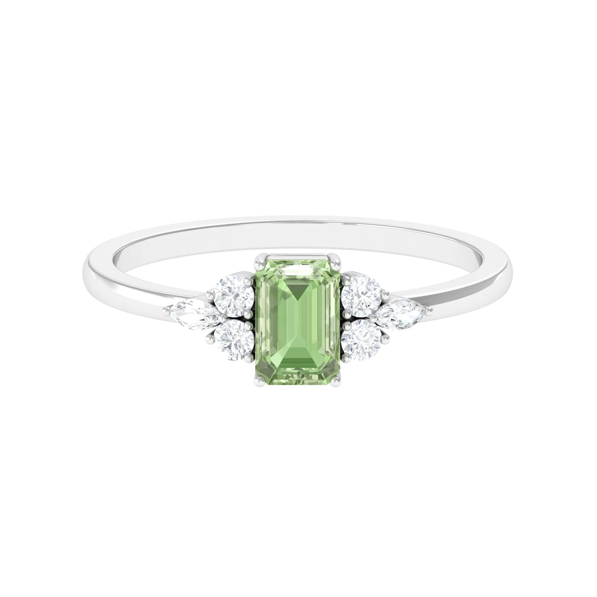 Emerald Cut Green Sapphire Promise Ring with Diamond Trio