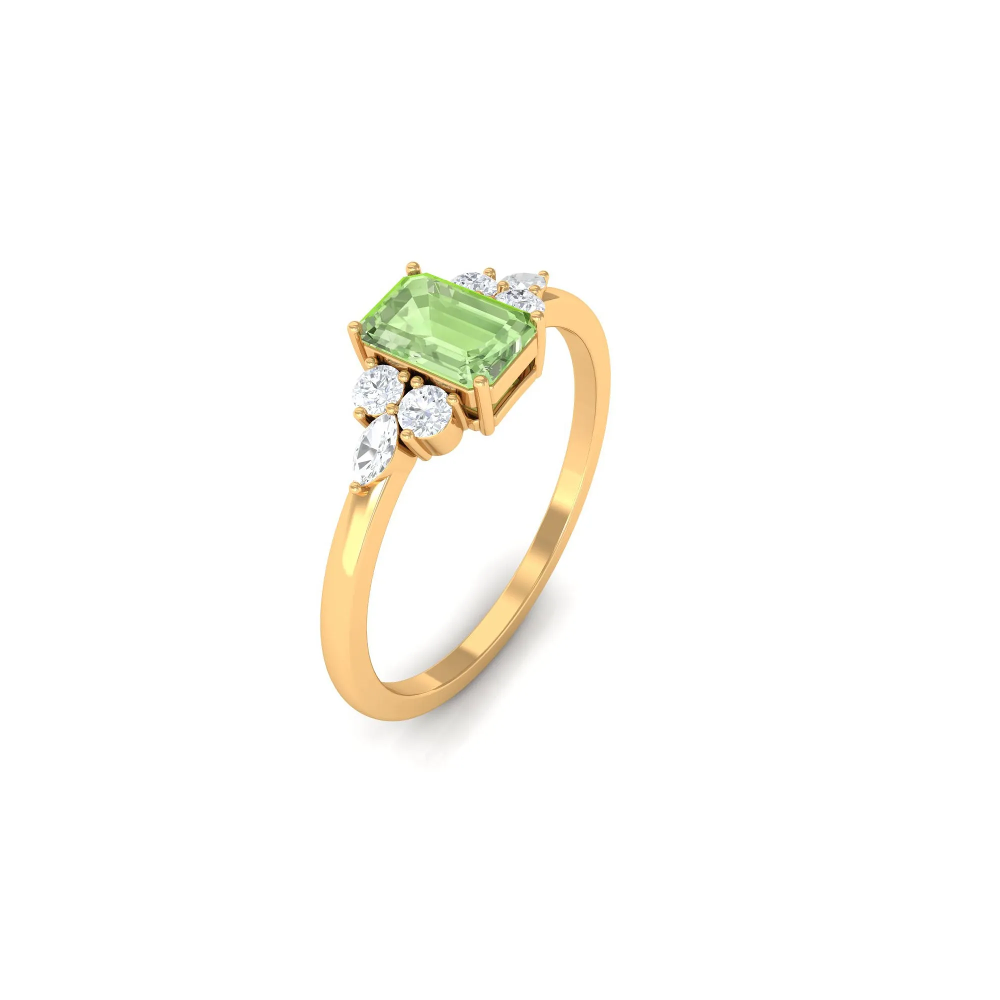 Emerald Cut Green Sapphire Promise Ring with Diamond Trio