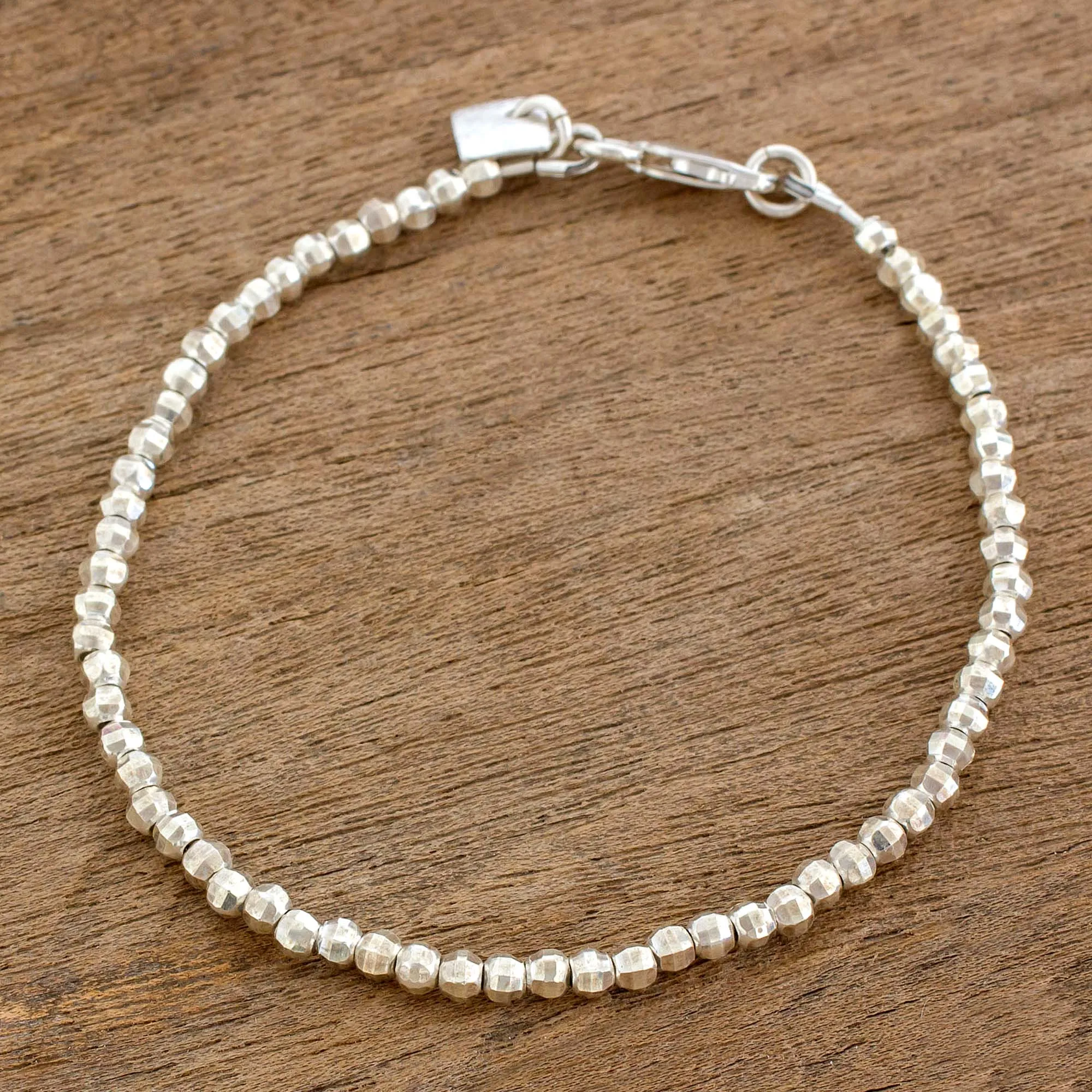 Geometric Sterling Silver Beaded Bracelet from Guatemala - Gleaming Geometry | NOVICA