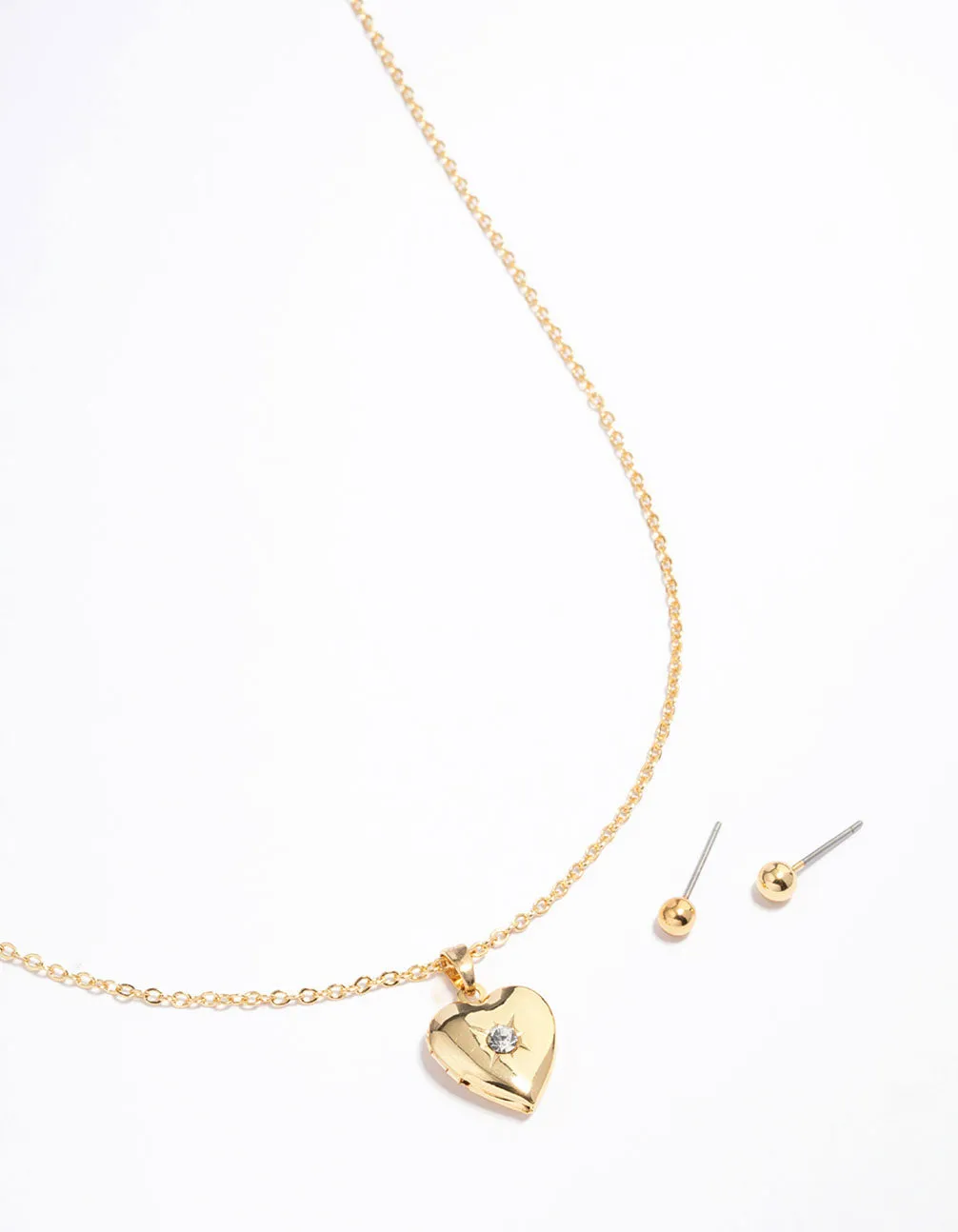 Gold Plated Heart Locket Necklace & Earrings Set