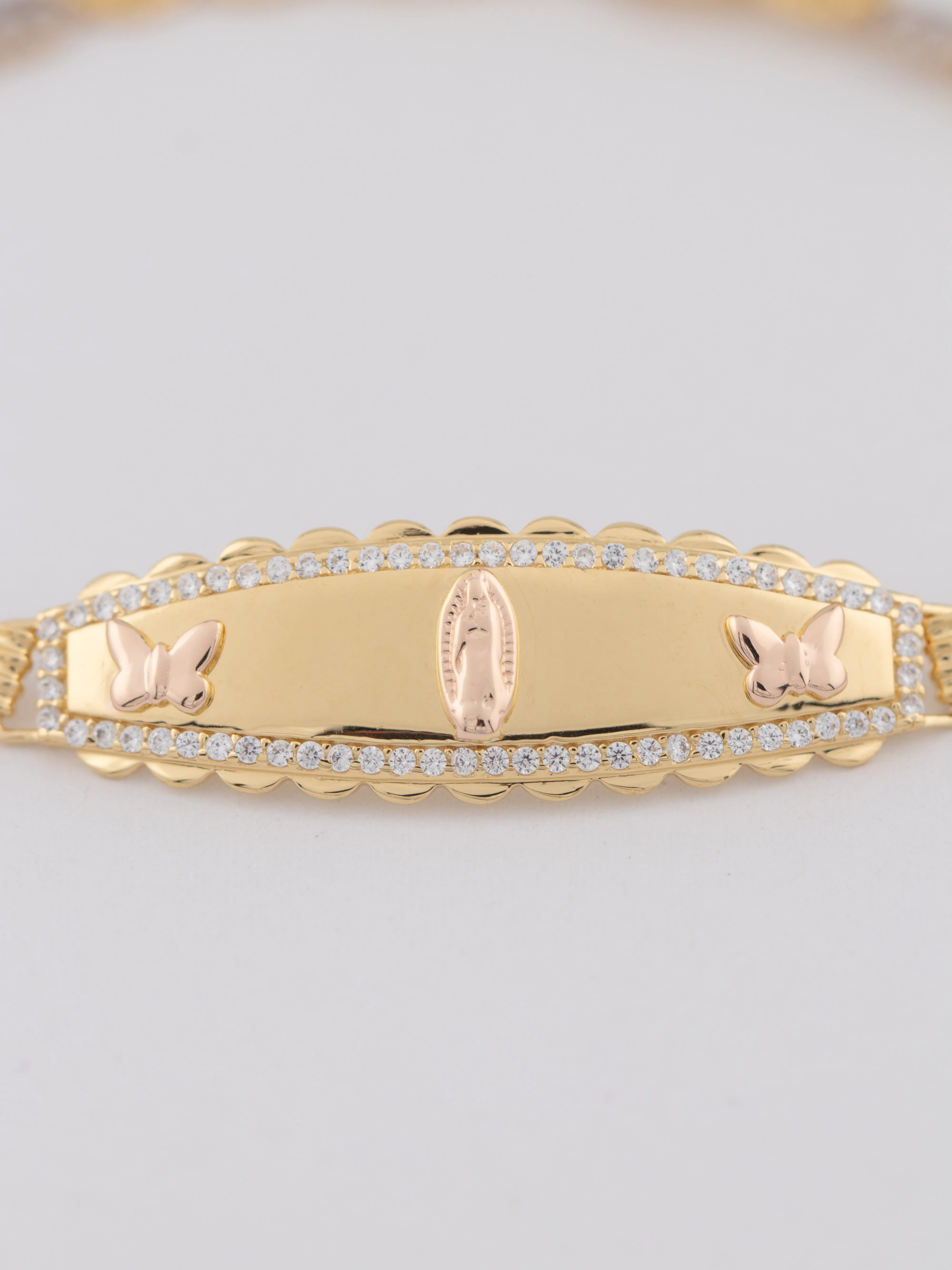 Gold Plated Sterling Silver Virgencita with Butterflies Tricolor Esclava Bracelet
