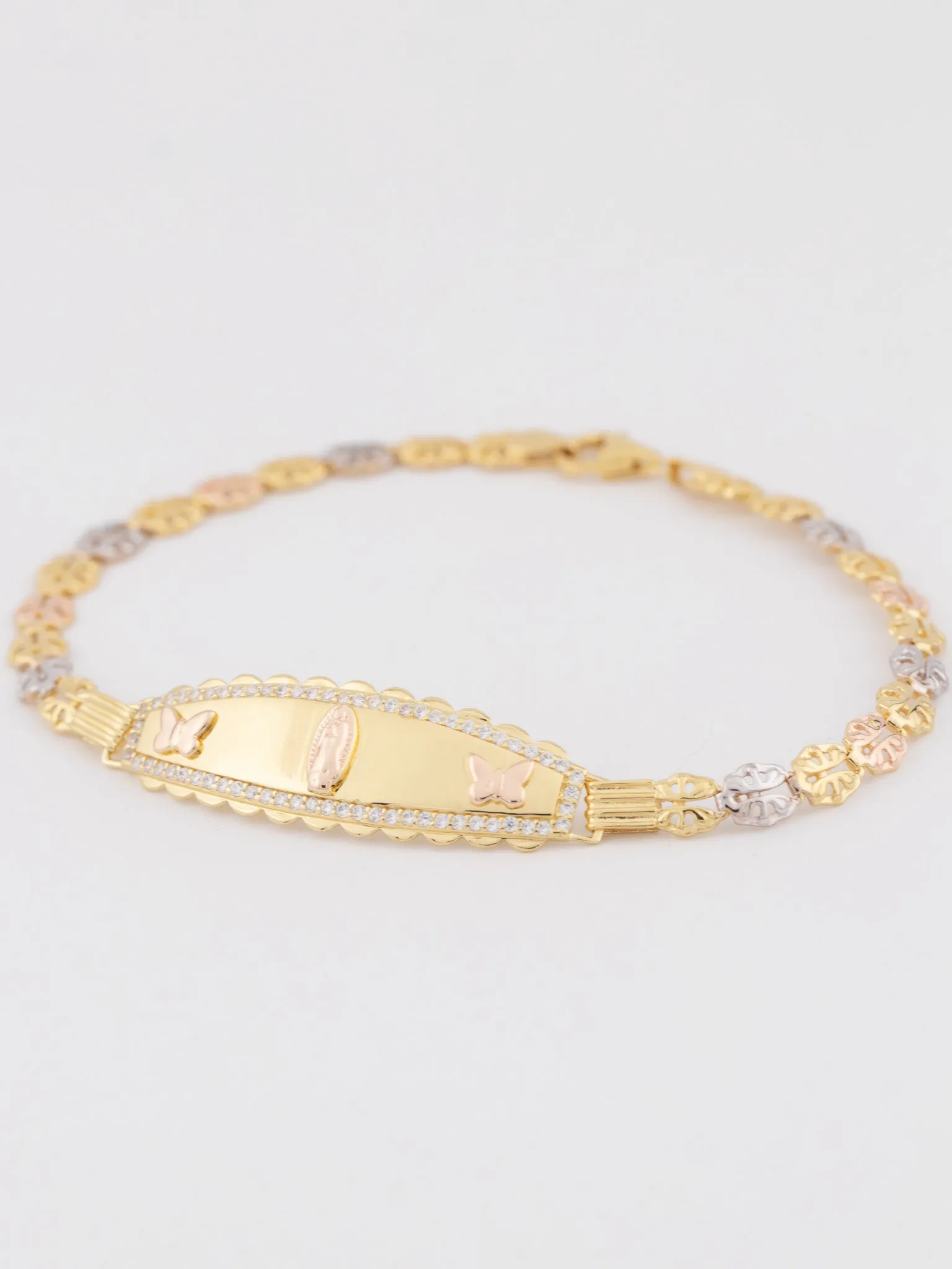 Gold Plated Sterling Silver Virgencita with Butterflies Tricolor Esclava Bracelet