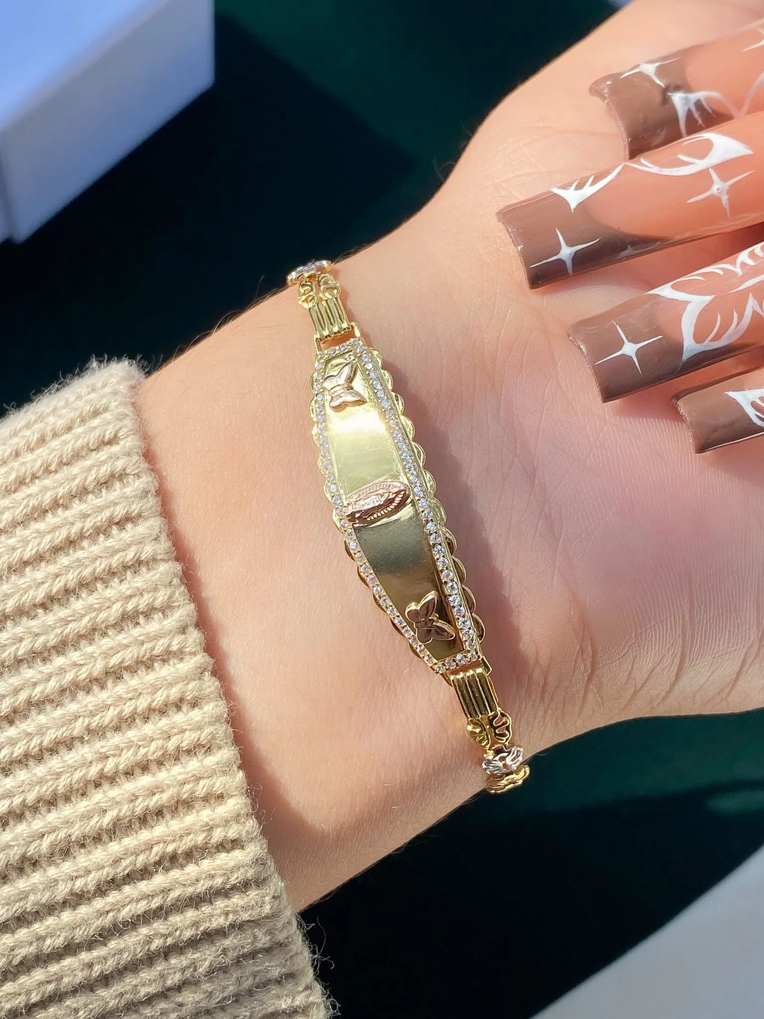 Gold Plated Sterling Silver Virgencita with Butterflies Tricolor Esclava Bracelet