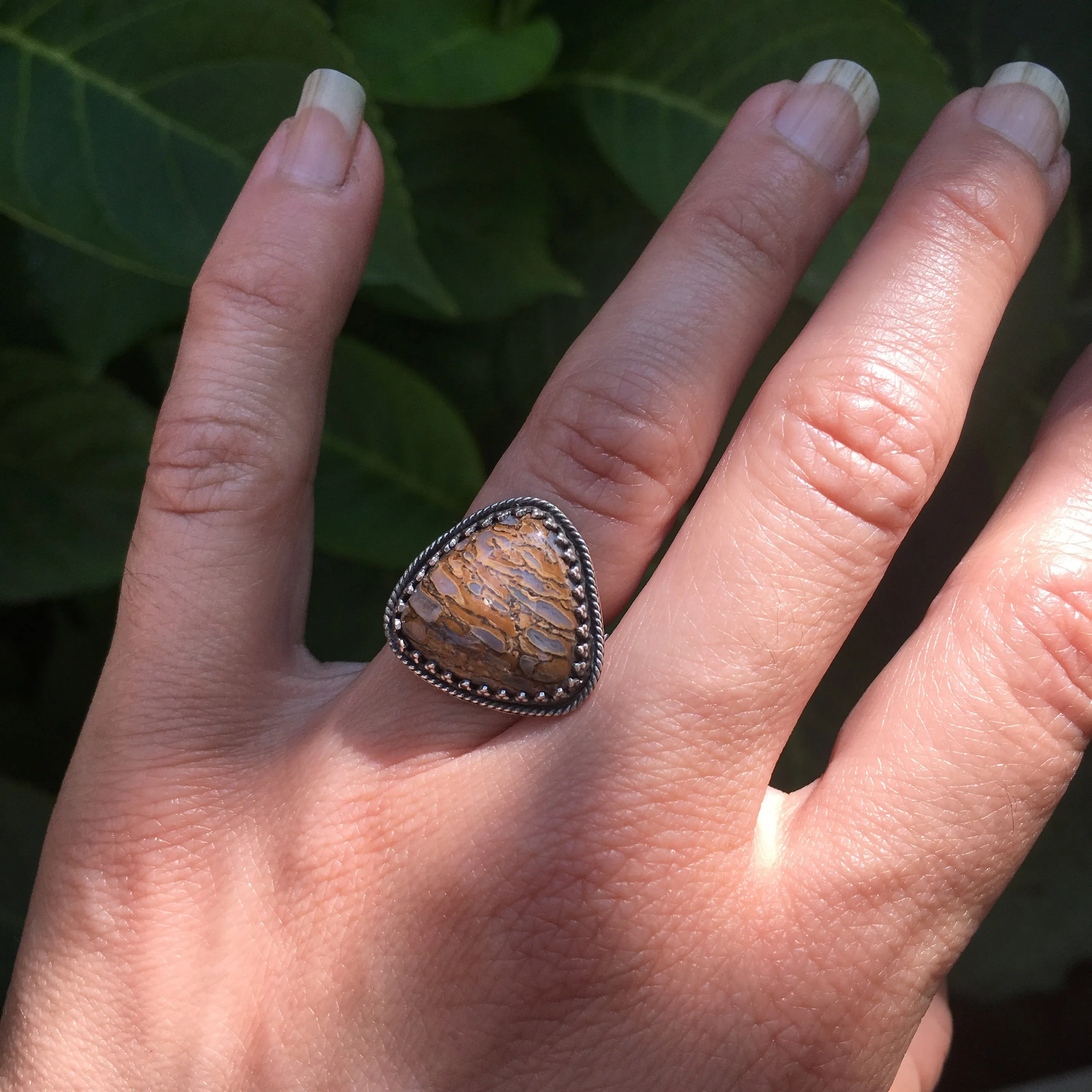 Handmade OOAK Sterling Silver Fossilized Dinosaur Bone Ring with Trillion Natural Fossil Dino Bone Cabochon