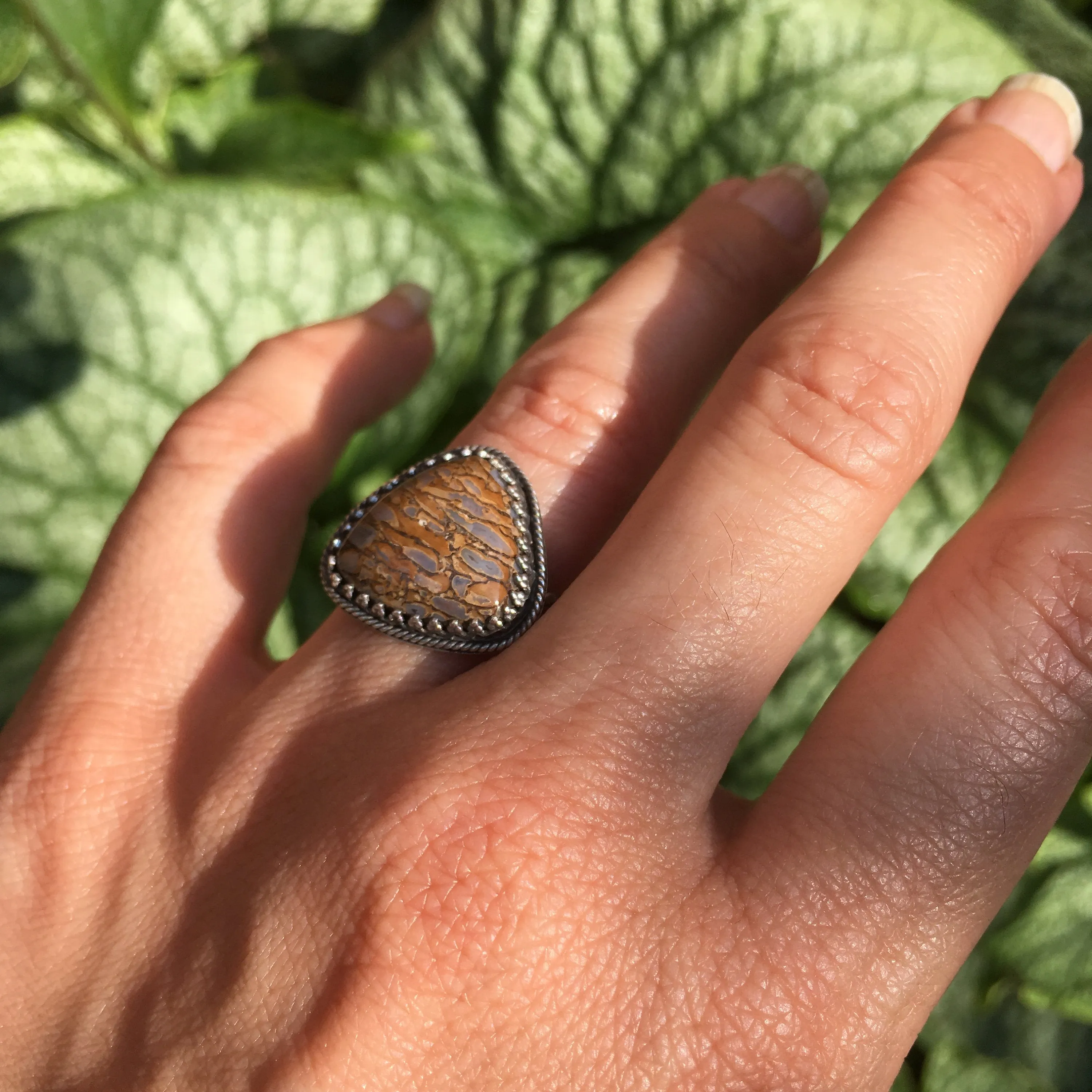 Handmade OOAK Sterling Silver Fossilized Dinosaur Bone Ring with Trillion Natural Fossil Dino Bone Cabochon