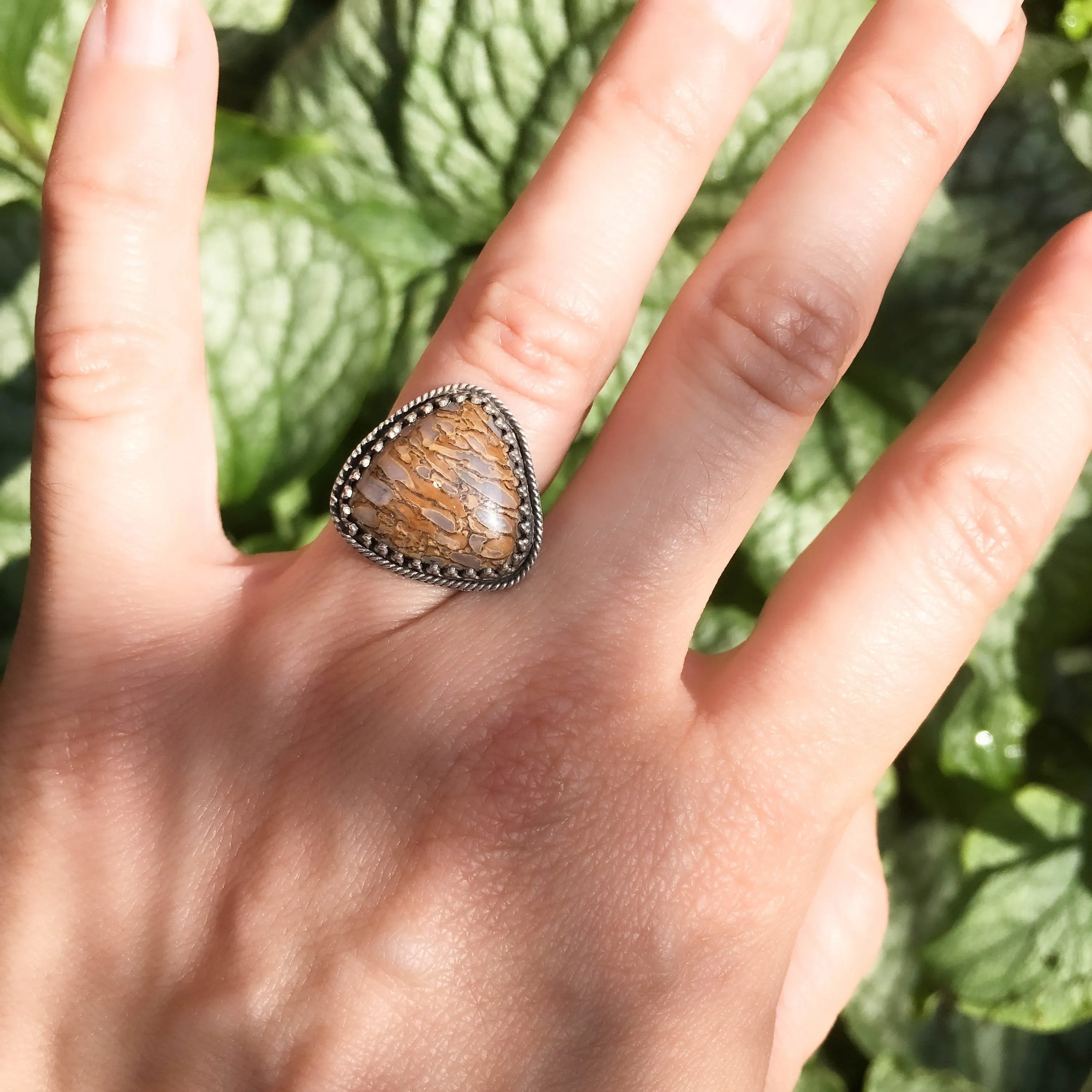 Handmade OOAK Sterling Silver Fossilized Dinosaur Bone Ring with Trillion Natural Fossil Dino Bone Cabochon