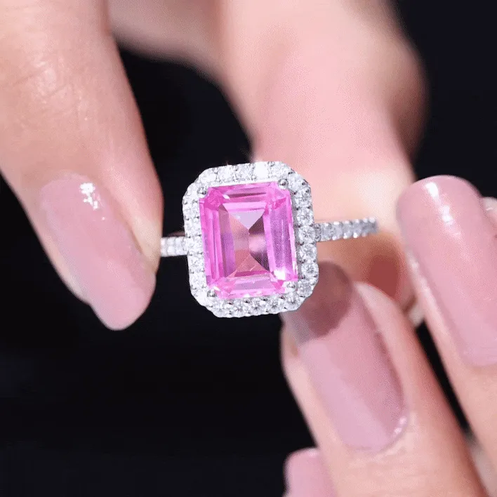 Lab Grown Pink Sapphire Emerald Cut Engagement Ring with Diamond