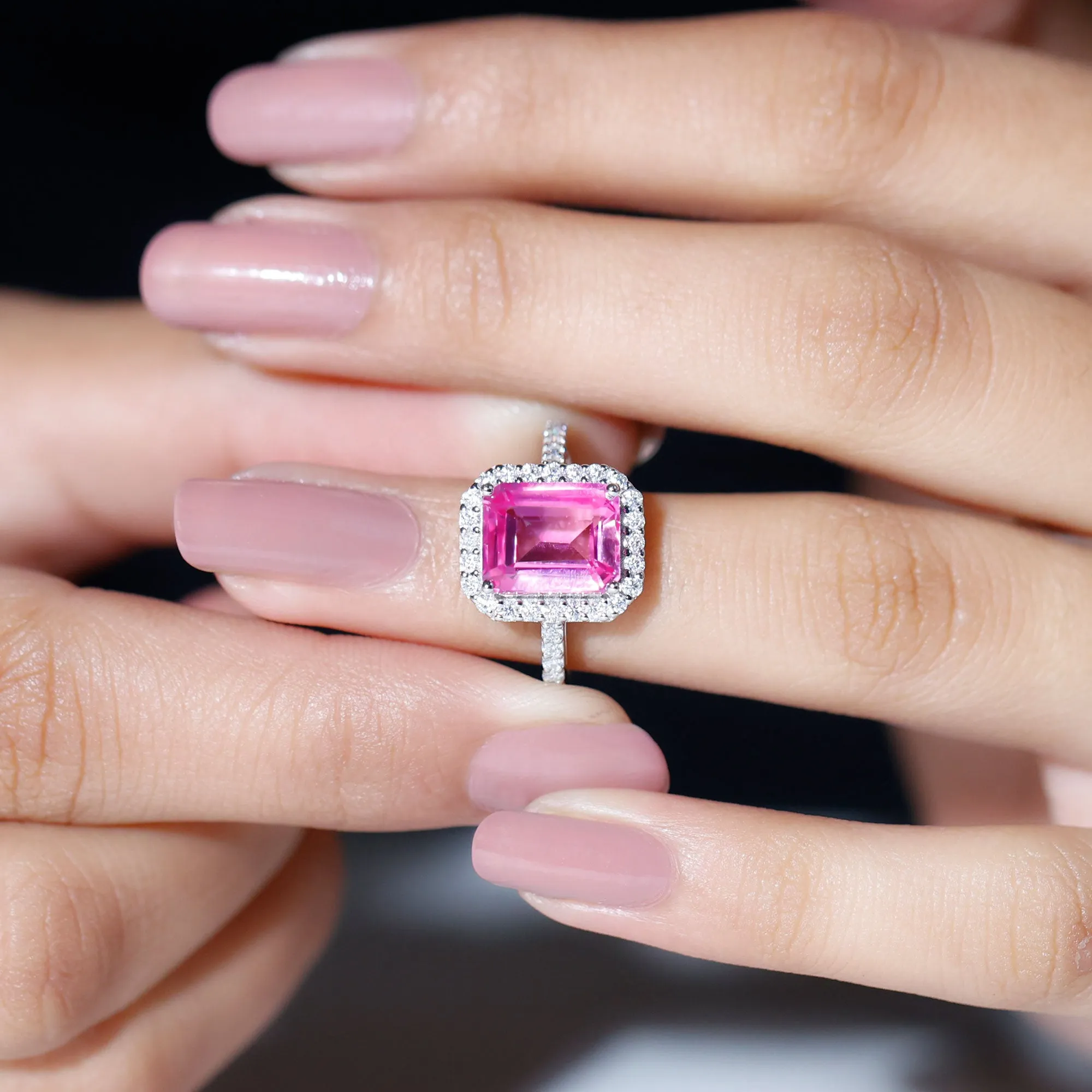 Lab Grown Pink Sapphire Emerald Cut Engagement Ring with Diamond
