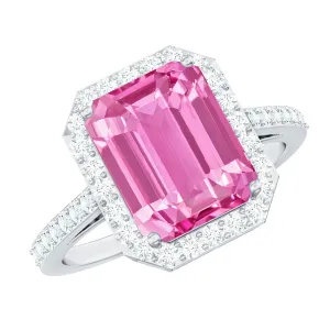 Lab Grown Pink Sapphire Emerald Cut Engagement Ring with Diamond