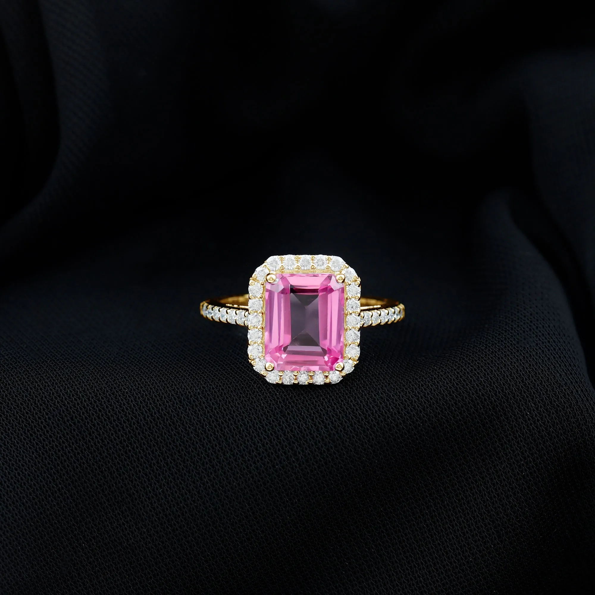 Lab Grown Pink Sapphire Emerald Cut Engagement Ring with Diamond