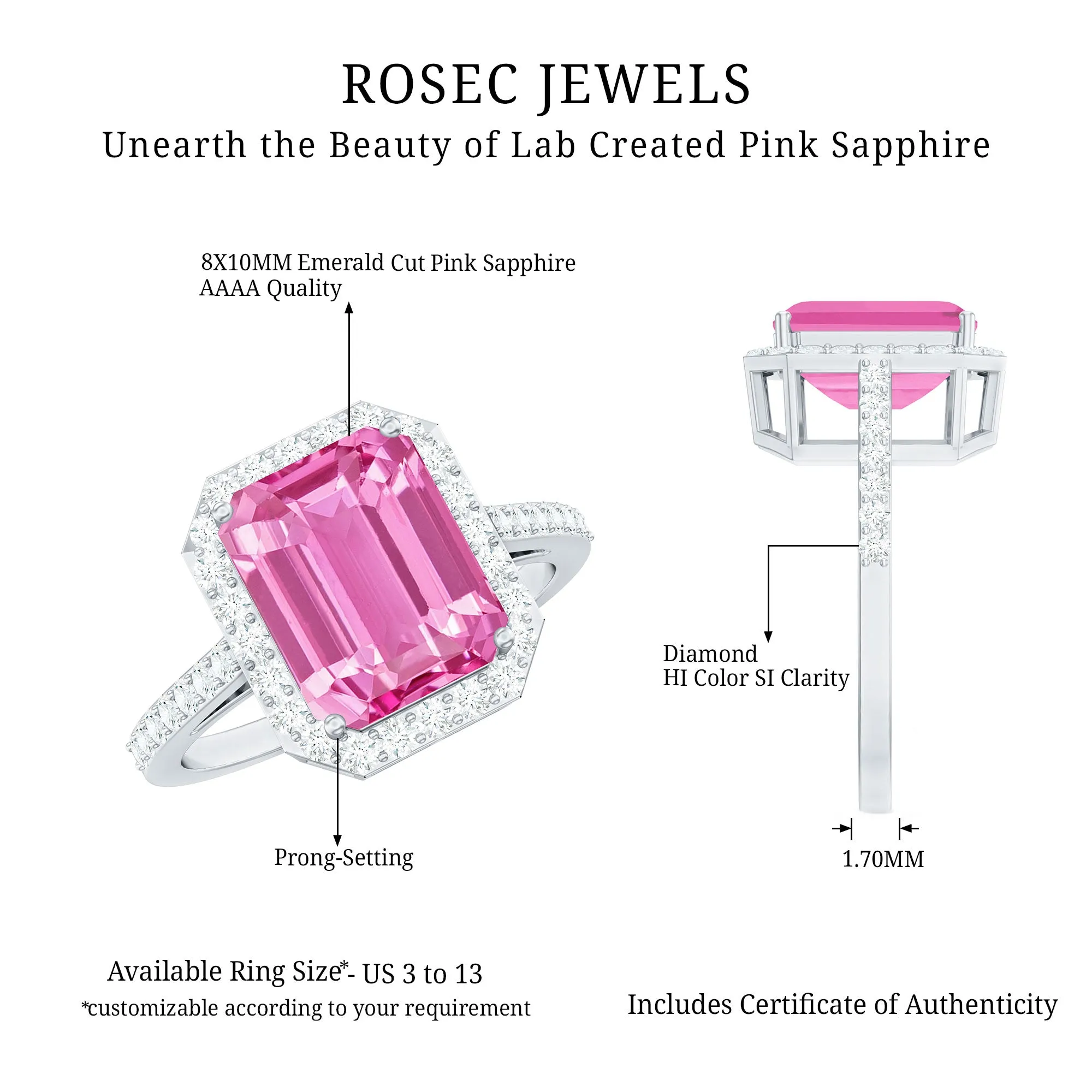 Lab Grown Pink Sapphire Emerald Cut Engagement Ring with Diamond