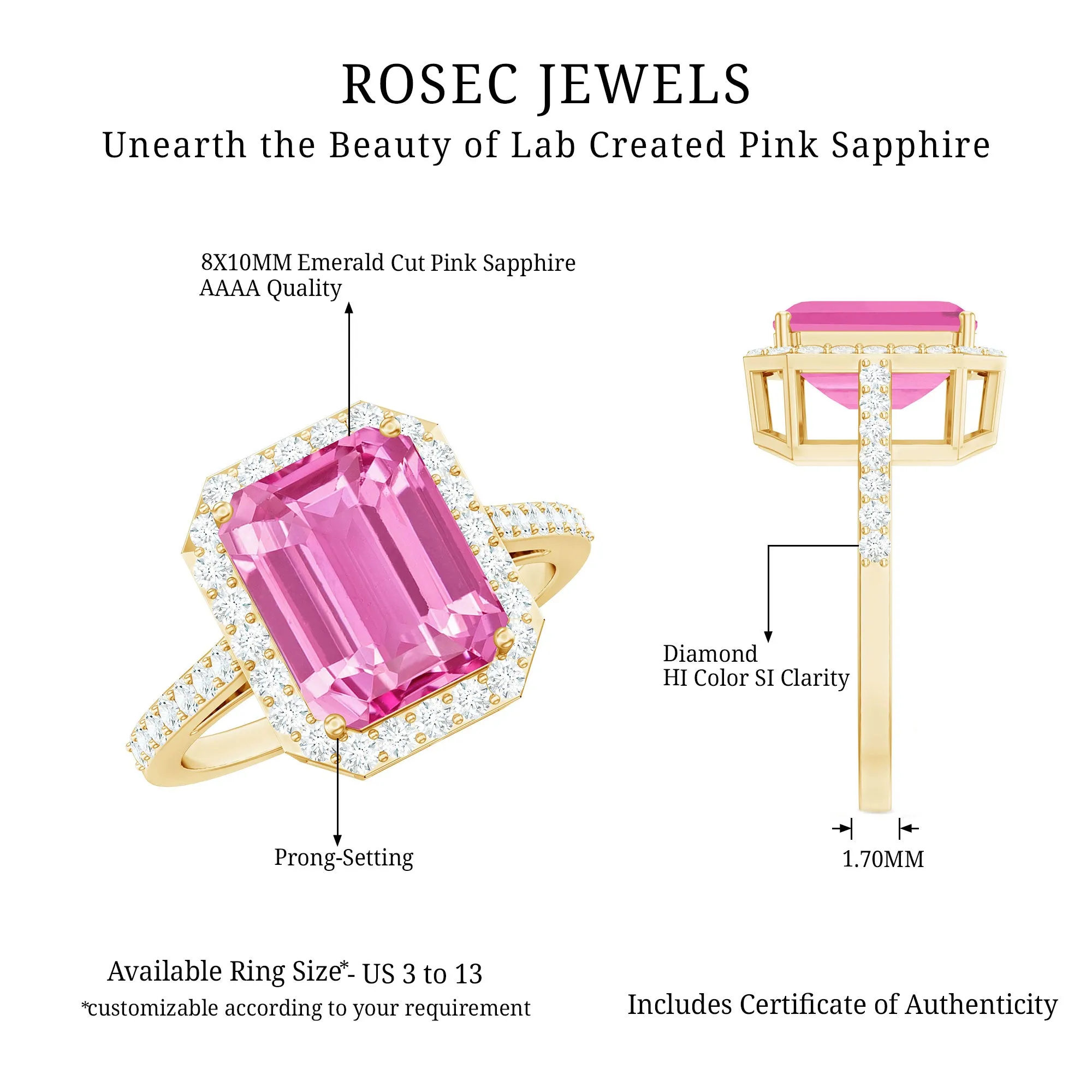 Lab Grown Pink Sapphire Emerald Cut Engagement Ring with Diamond