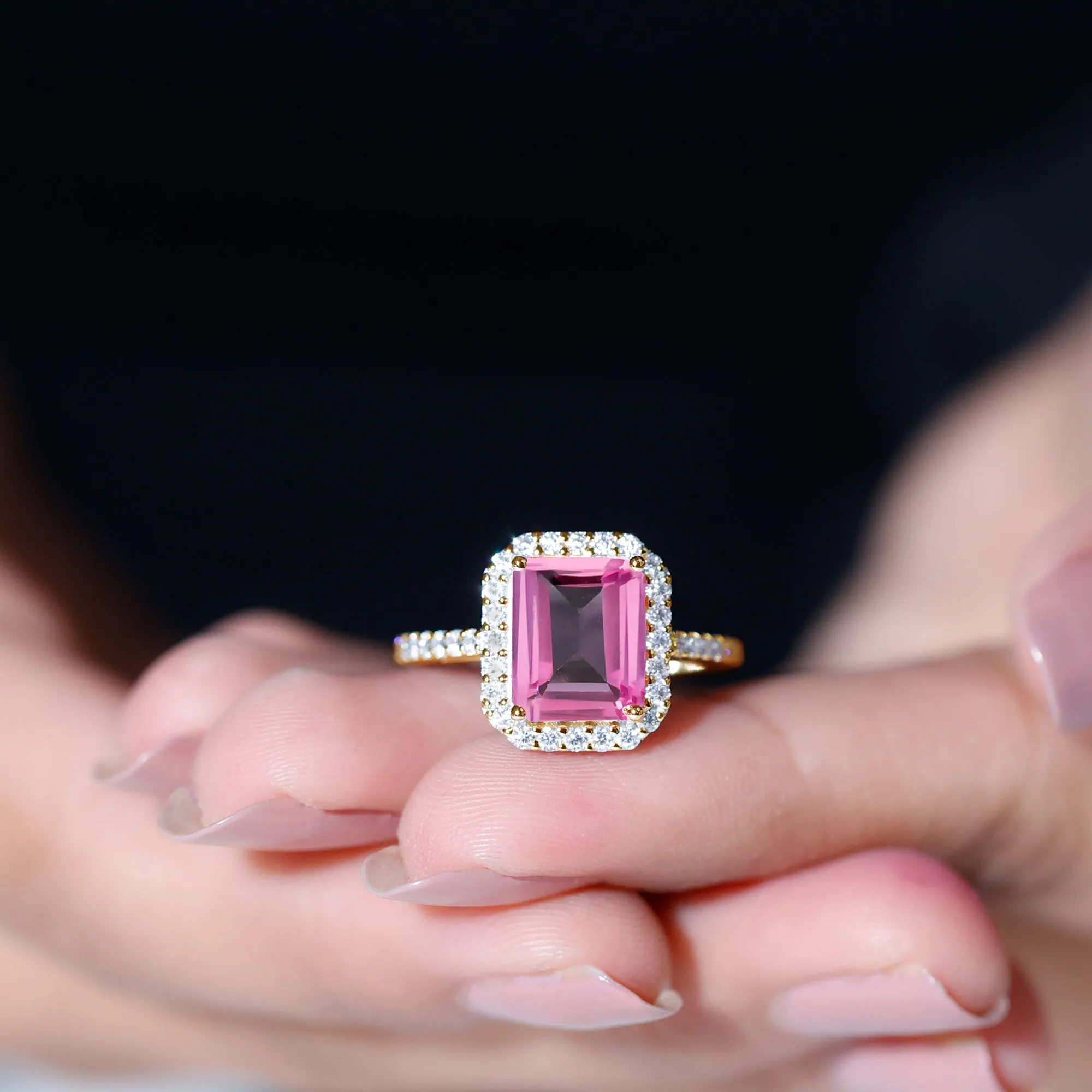 Lab Grown Pink Sapphire Emerald Cut Engagement Ring with Diamond