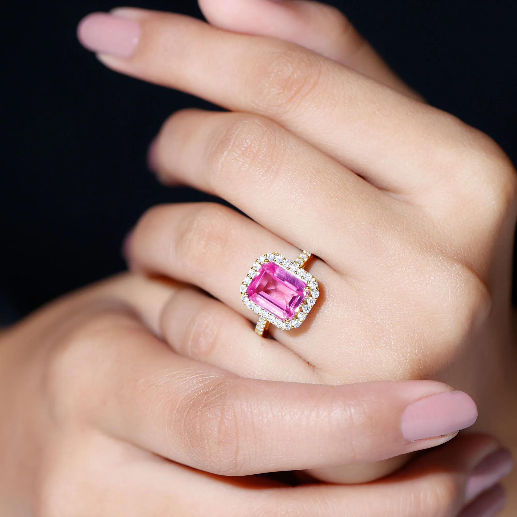 Lab Grown Pink Sapphire Emerald Cut Engagement Ring with Diamond