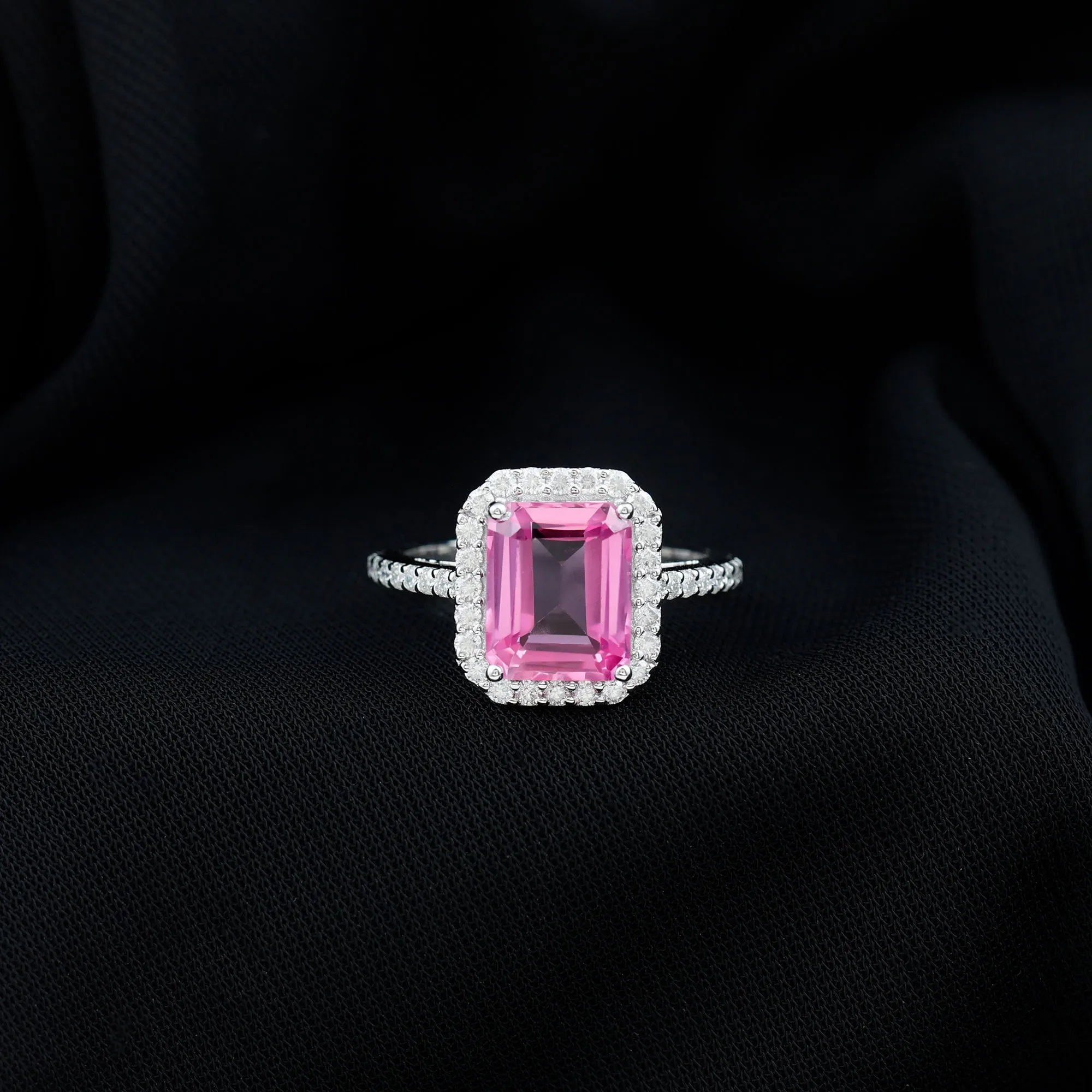 Lab Grown Pink Sapphire Emerald Cut Engagement Ring with Diamond