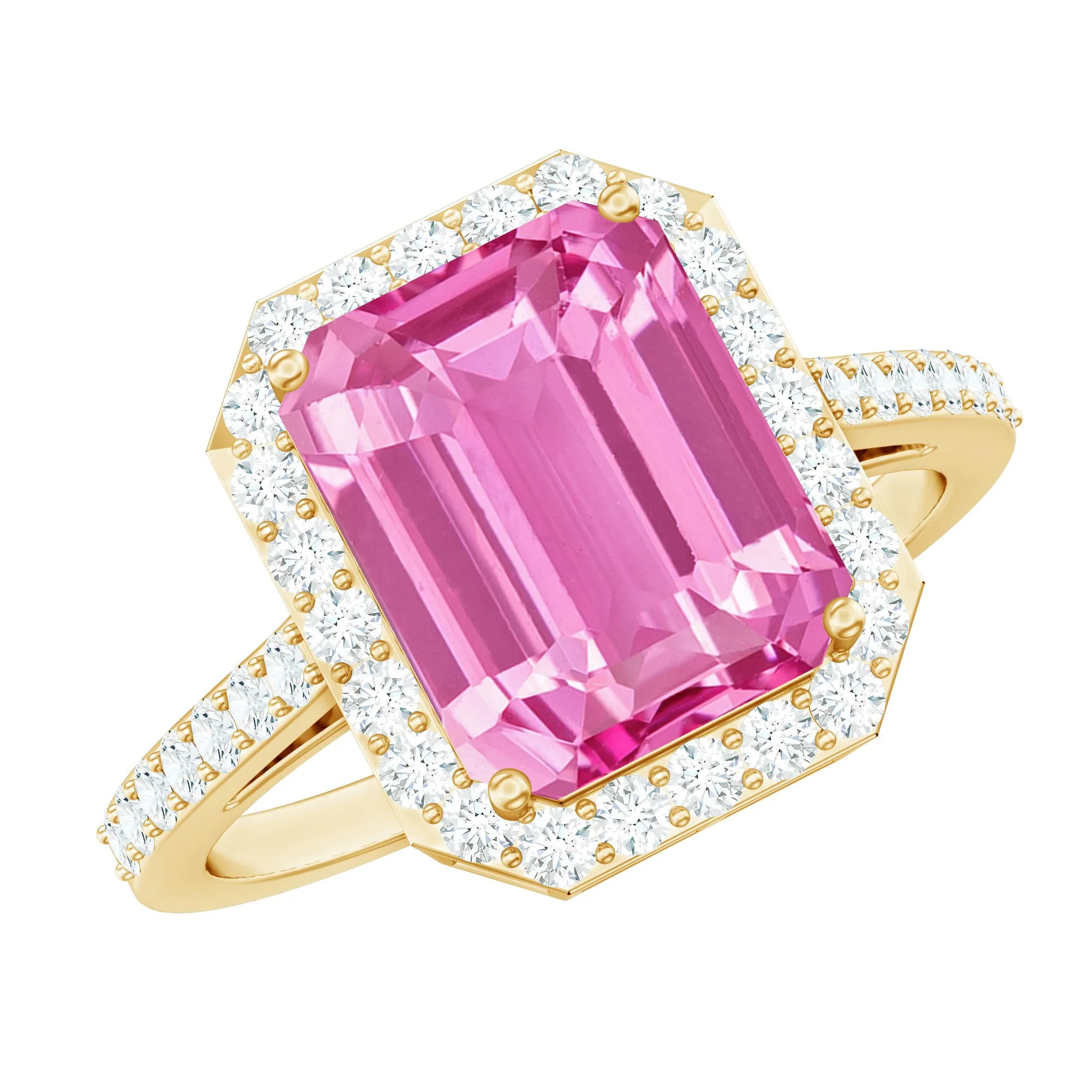 Lab Grown Pink Sapphire Emerald Cut Engagement Ring with Diamond