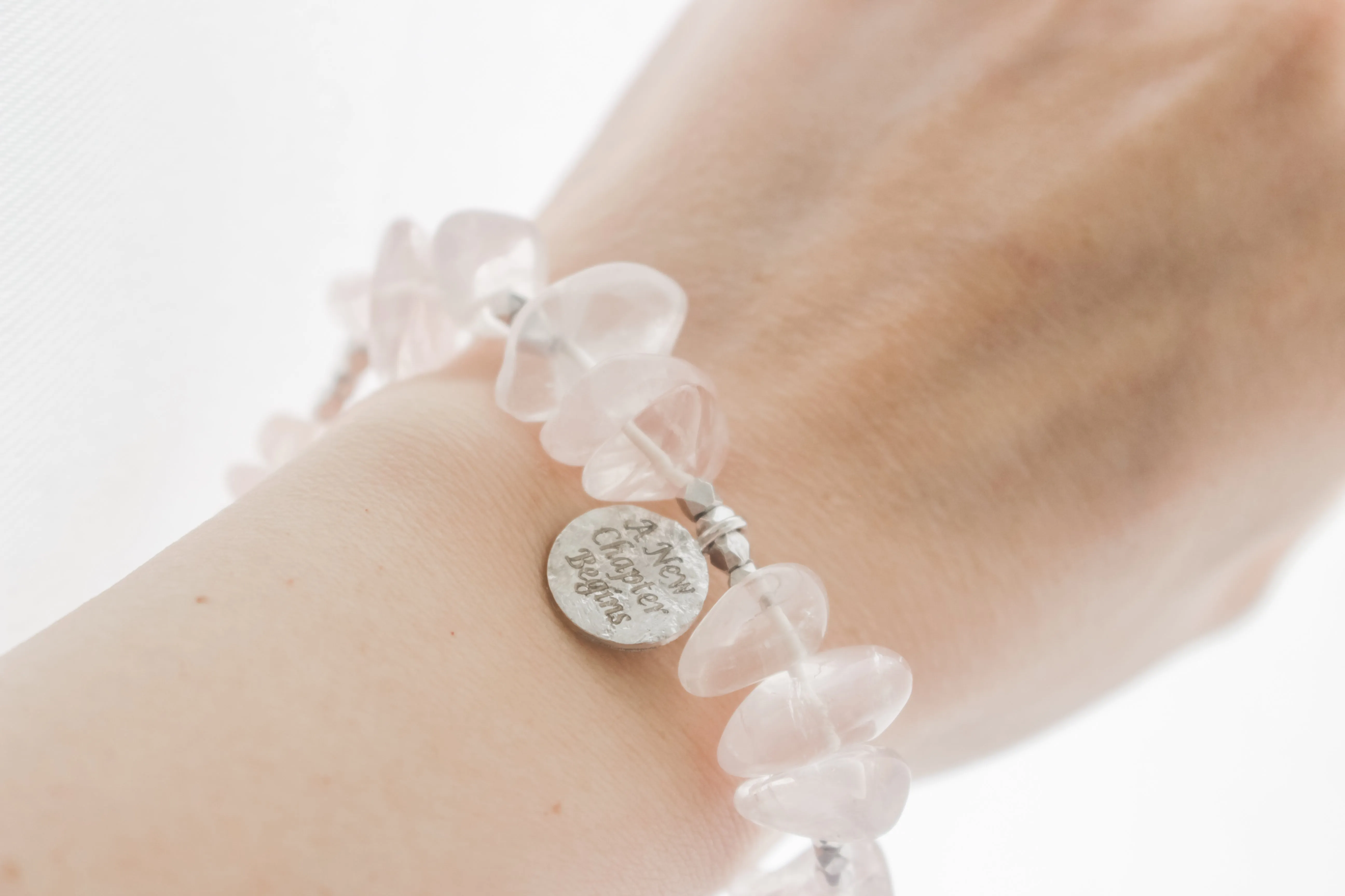 Make A Wish Bracelet - Rose Quartz with Engraved Silver Charm Elastic Bracelet