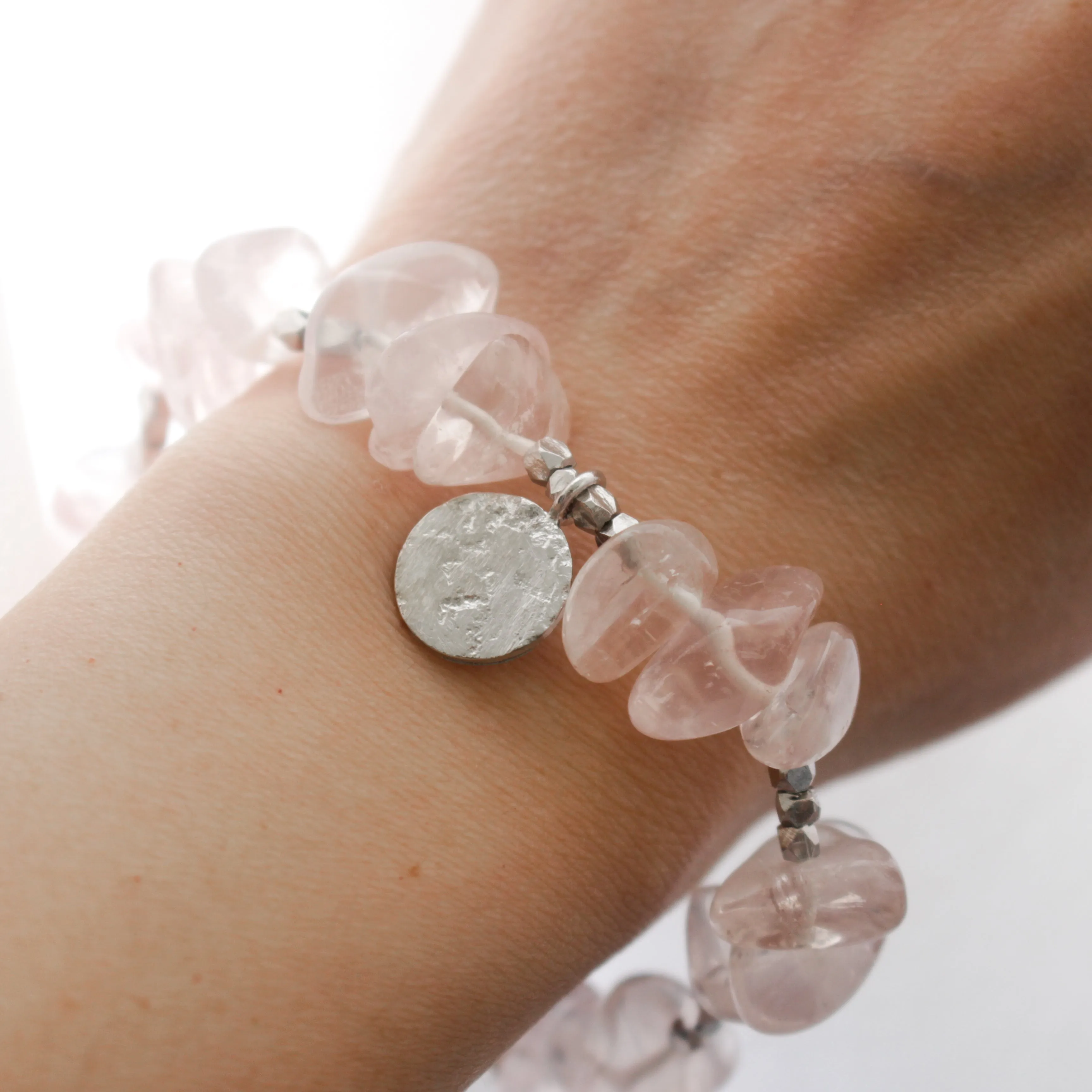 Make A Wish Bracelet - Rose Quartz with Engraved Silver Charm Elastic Bracelet