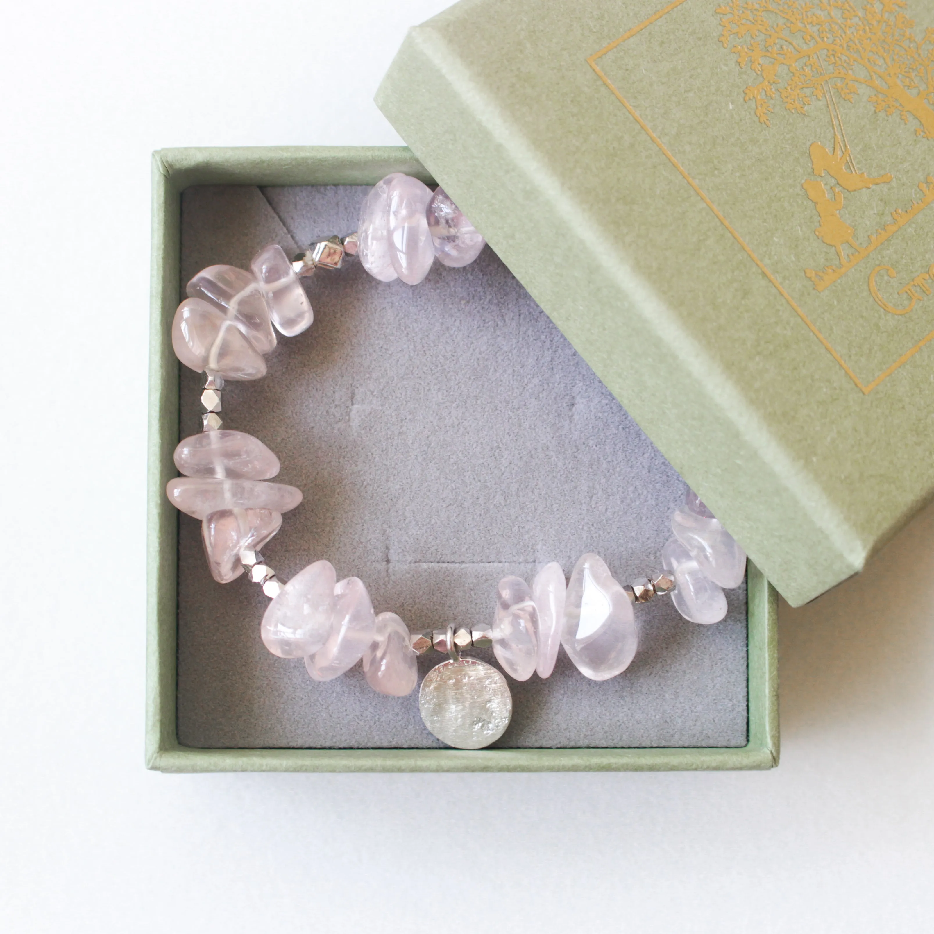 Make A Wish Bracelet - Rose Quartz with Engraved Silver Charm Elastic Bracelet