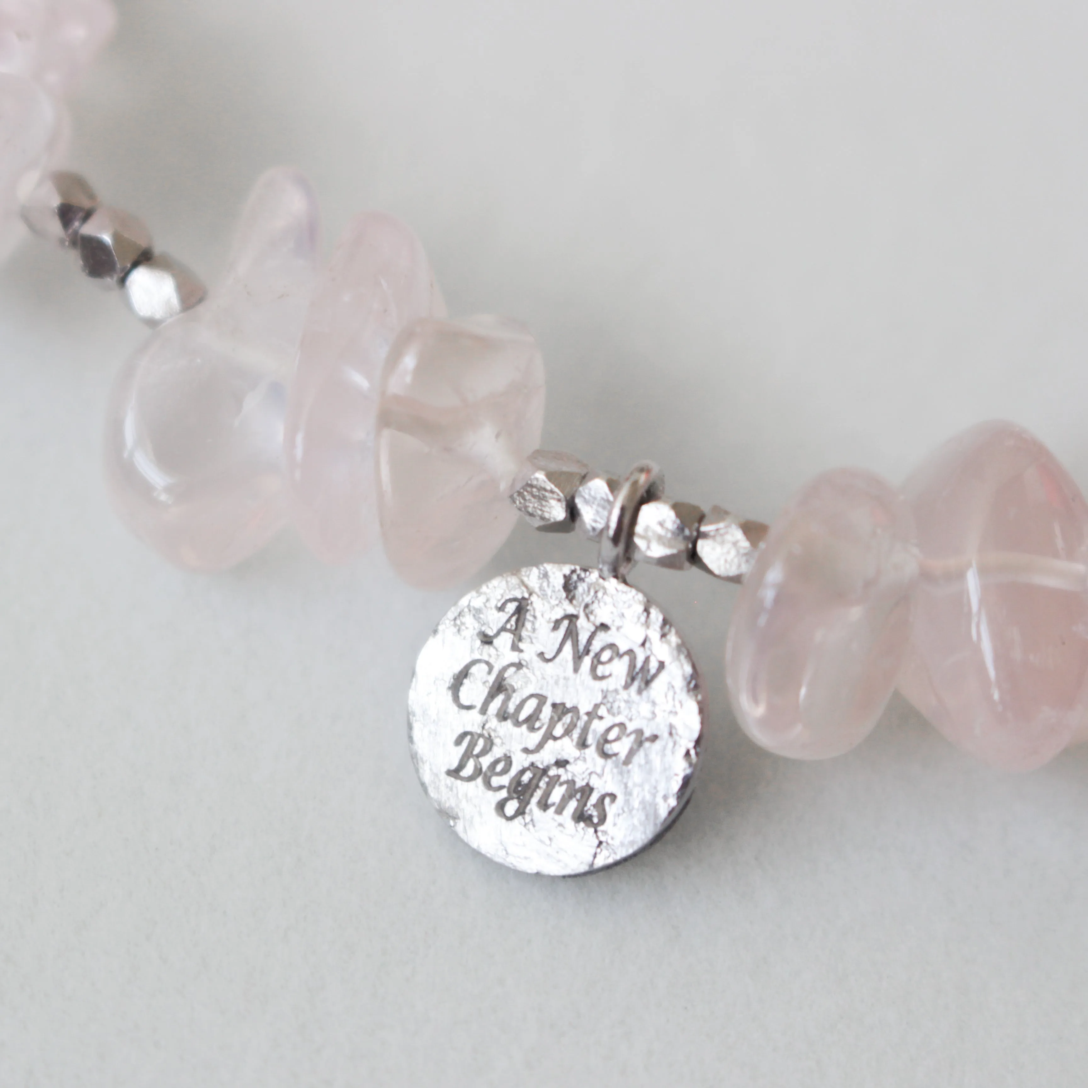 Make A Wish Bracelet - Rose Quartz with Engraved Silver Charm Elastic Bracelet