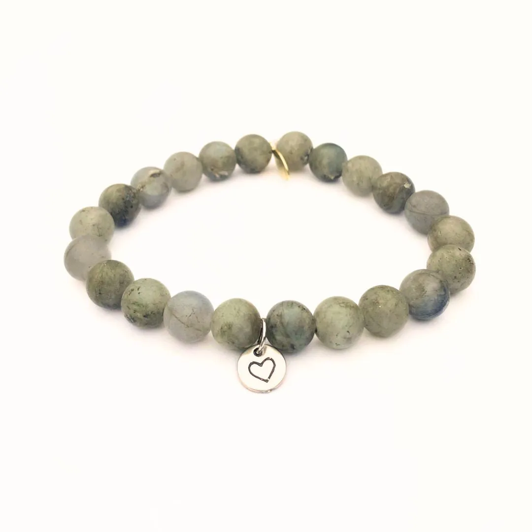 Matte Labradorite Crystal Bracelet | Silver Heart Charm