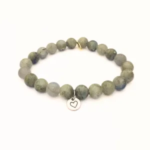 Matte Labradorite Crystal Bracelet | Silver Heart Charm
