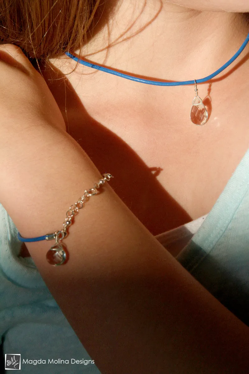 Mini Goddess (children) Blue or Pink Leather & Quartz Drop Bracelet