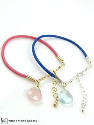 Mini Goddess (children) Blue or Pink Leather & Quartz Drop Bracelet