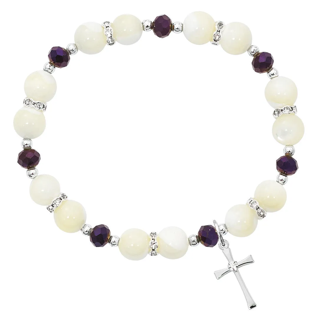 MOTHER OF PEARL  & PURPLE CROSS STRETCH BRACELET