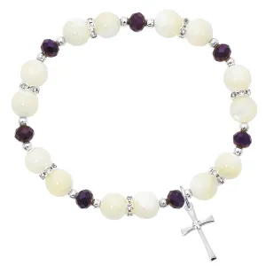 MOTHER OF PEARL  & PURPLE CROSS STRETCH BRACELET