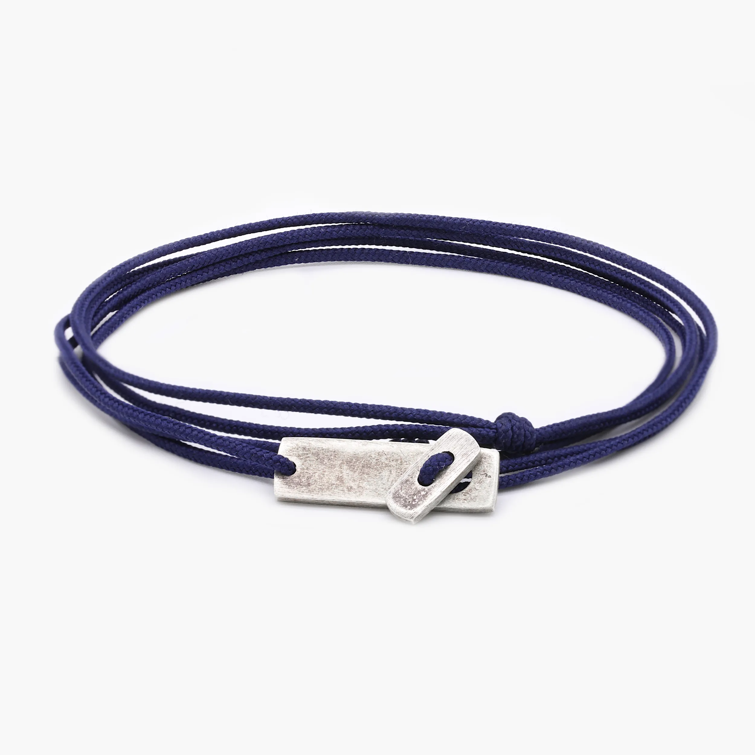 Multi Wraps String Bracelet With Sterling Silver Button (Navy)