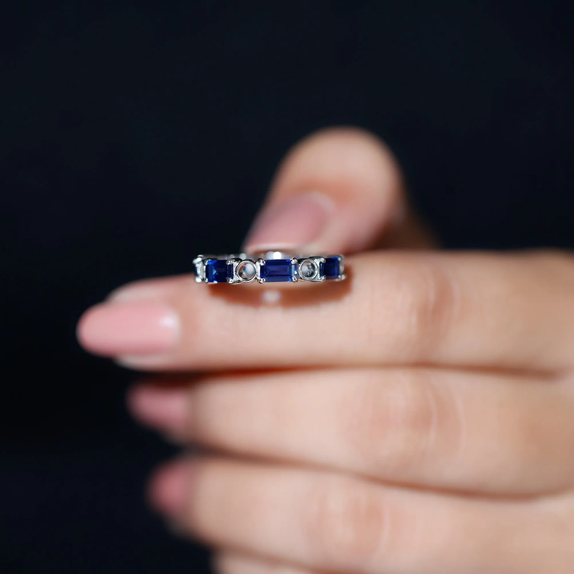 Octagon Cut Created Blue Sapphire East West Eternity Band Ring