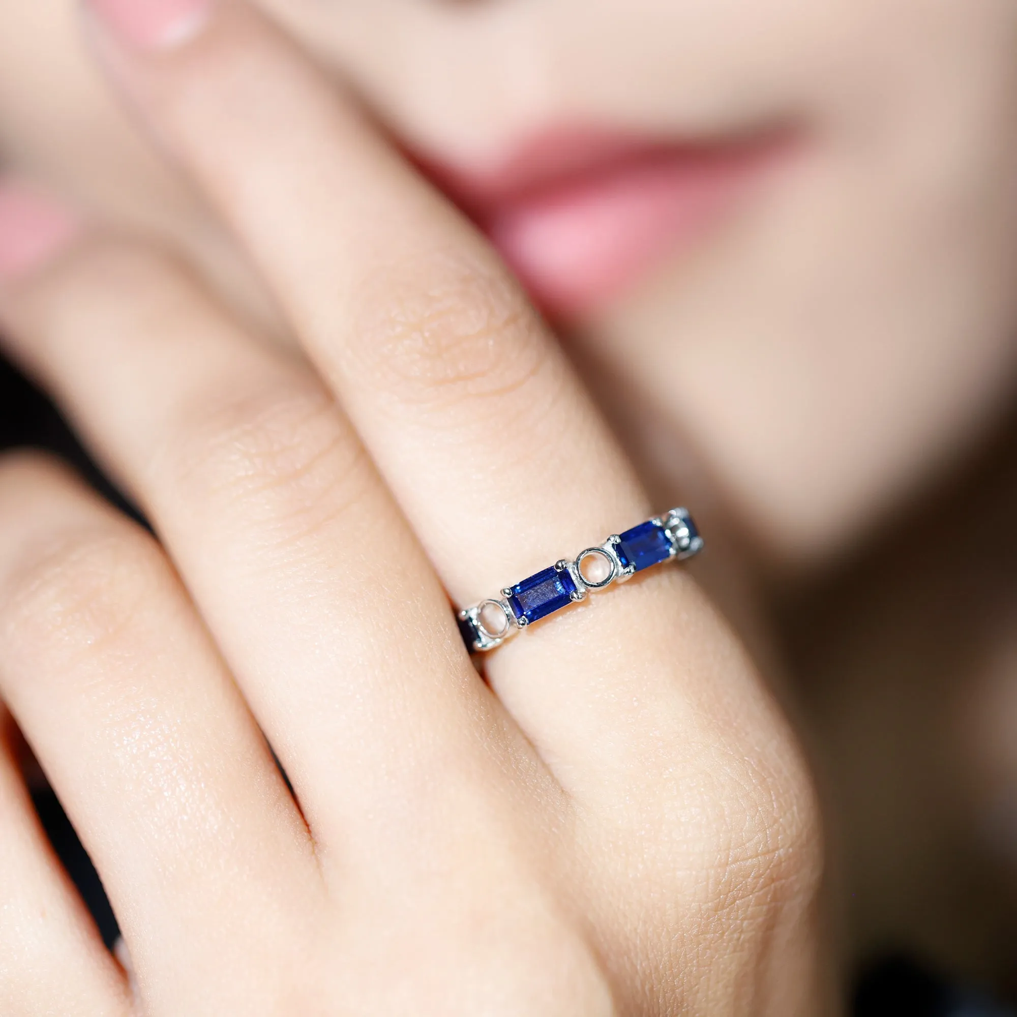 Octagon Cut Created Blue Sapphire East West Eternity Band Ring