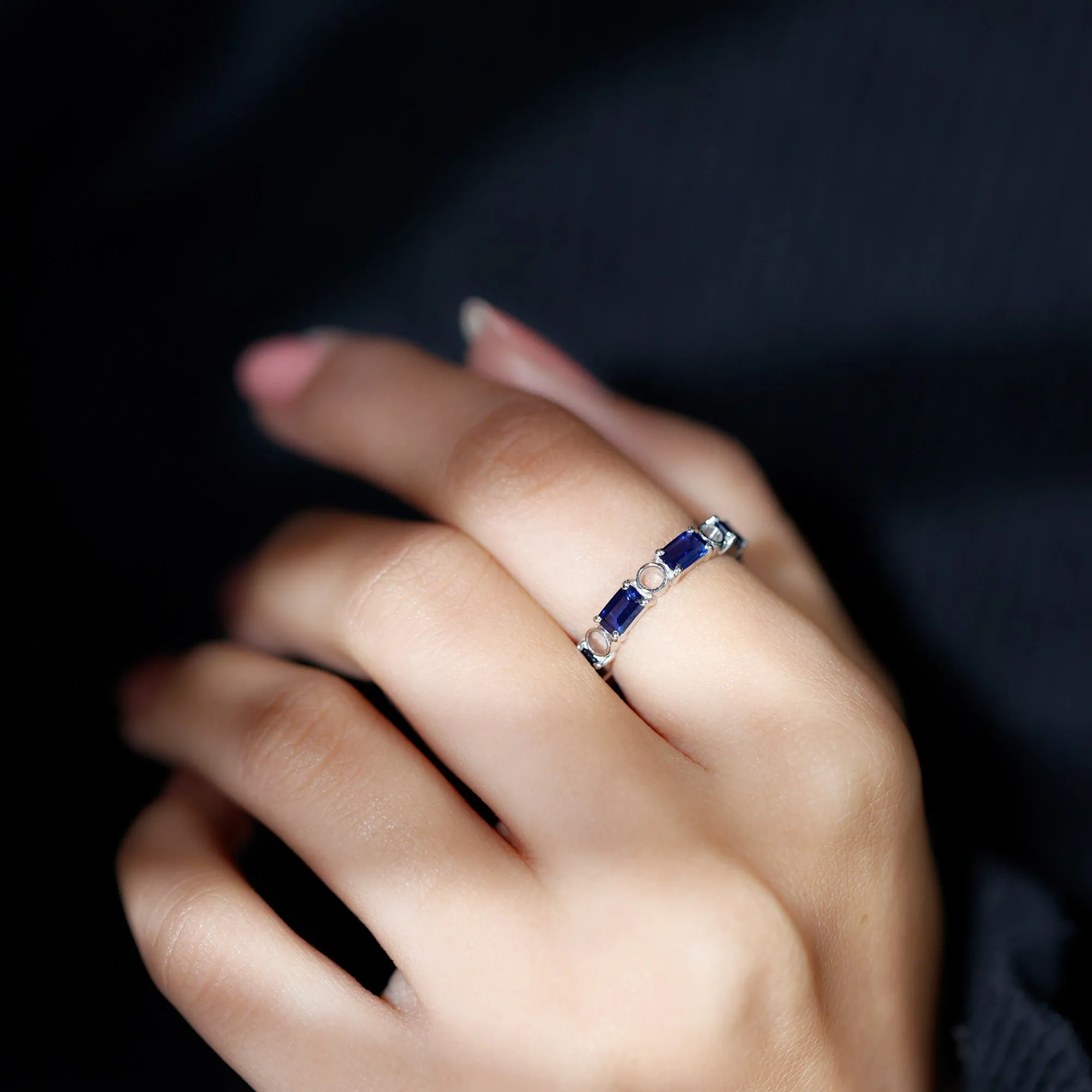 Octagon Cut Created Blue Sapphire East West Eternity Band Ring