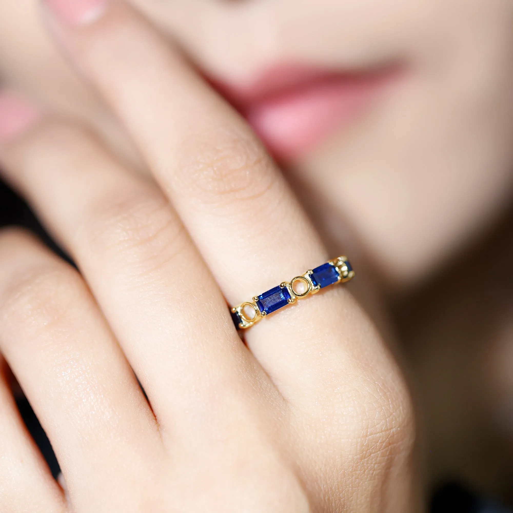 Octagon Cut Created Blue Sapphire East West Eternity Band Ring