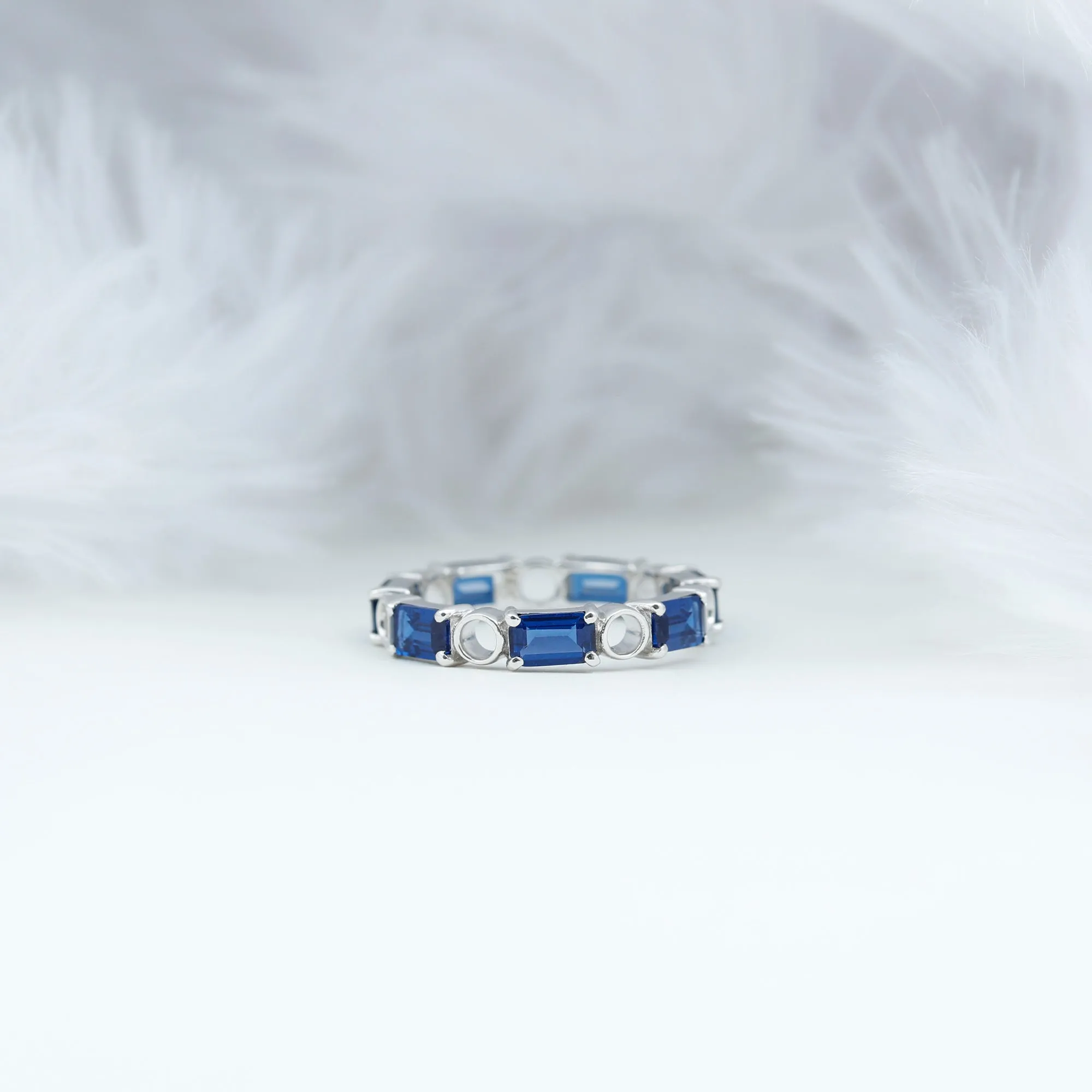 Octagon Cut Created Blue Sapphire East West Eternity Band Ring