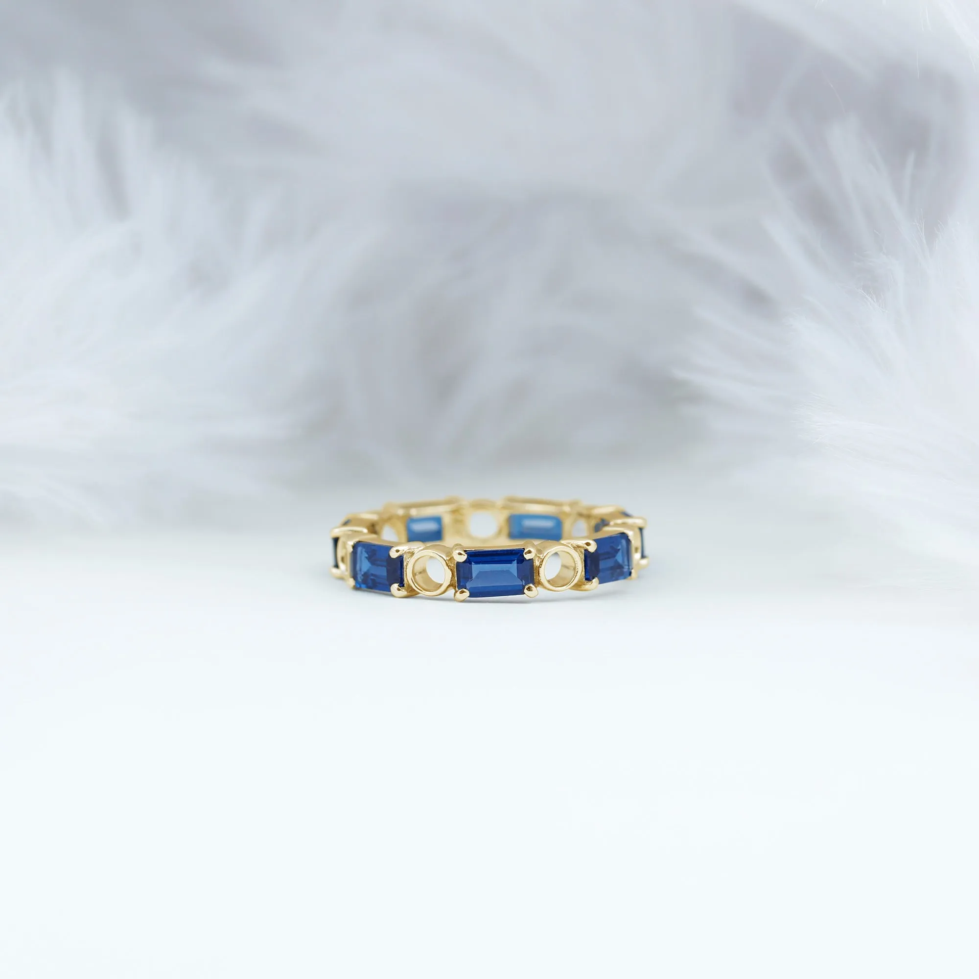 Octagon Cut Created Blue Sapphire East West Eternity Band Ring