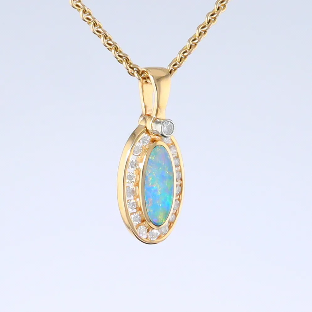 Opal Pendant Oval Inlaid Design with .22ctw Round Diamonds Halo