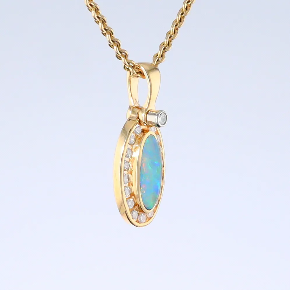 Opal Pendant Oval Inlaid Design with .22ctw Round Diamonds Halo