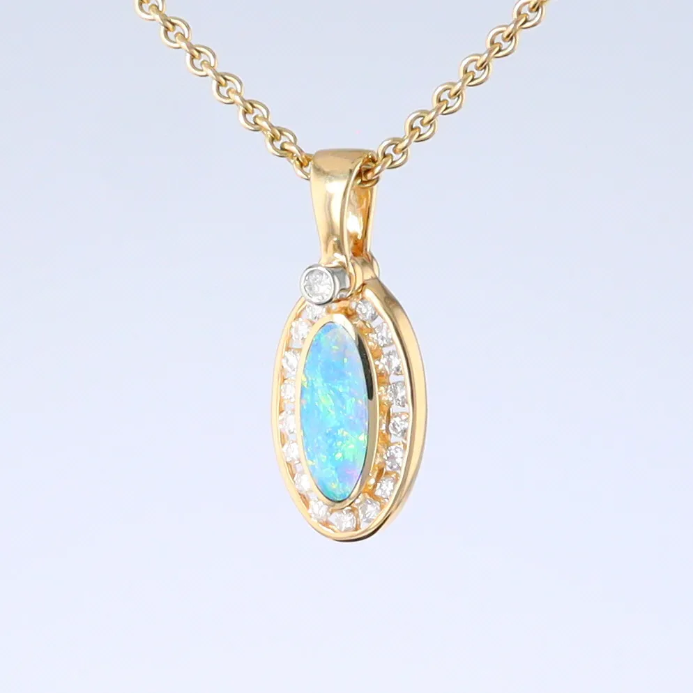 Opal Pendant Oval Inlaid Design with .22ctw Round Diamonds Halo
