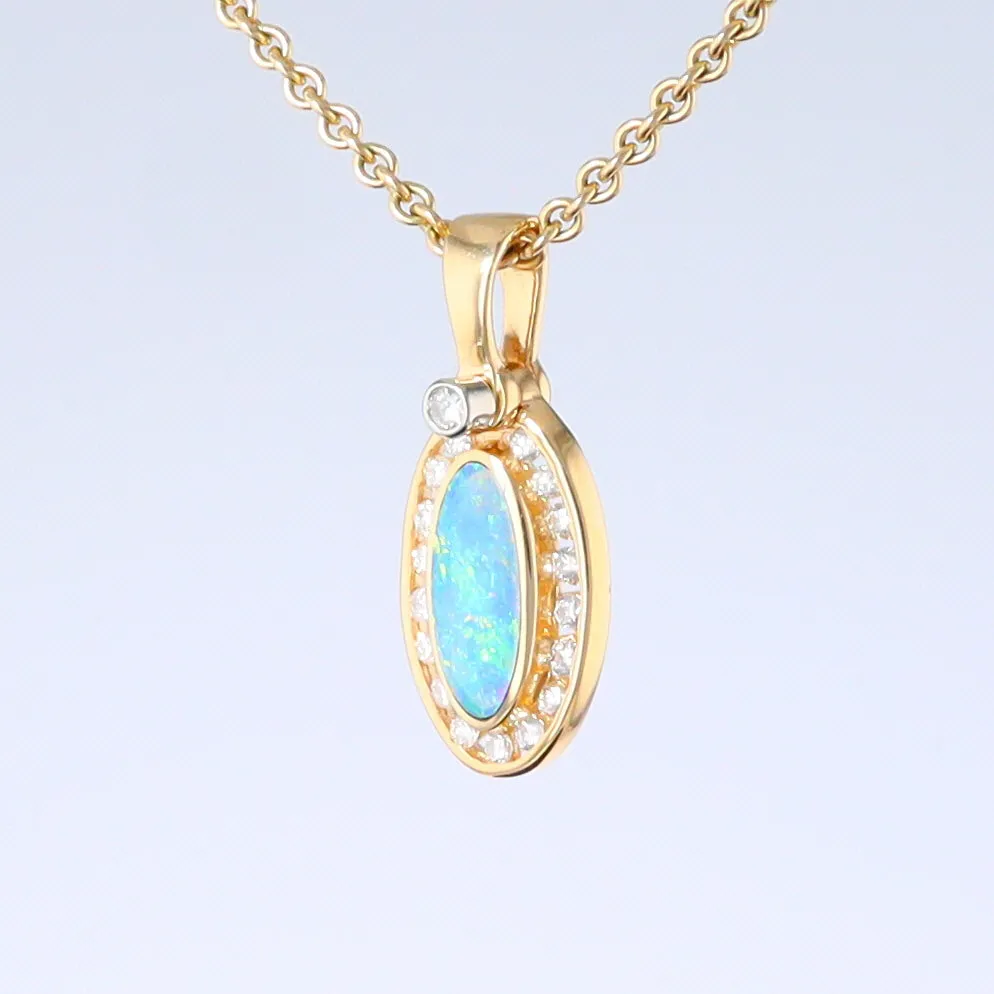 Opal Pendant Oval Inlaid Design with .22ctw Round Diamonds Halo