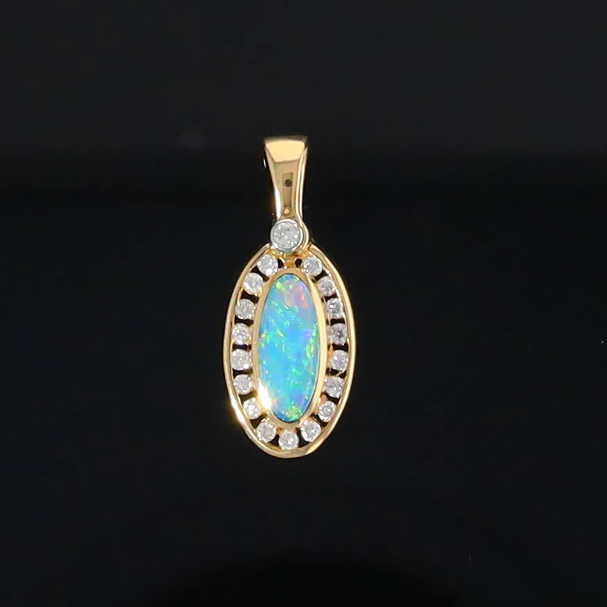 Opal Pendant Oval Inlaid Design with .22ctw Round Diamonds Halo