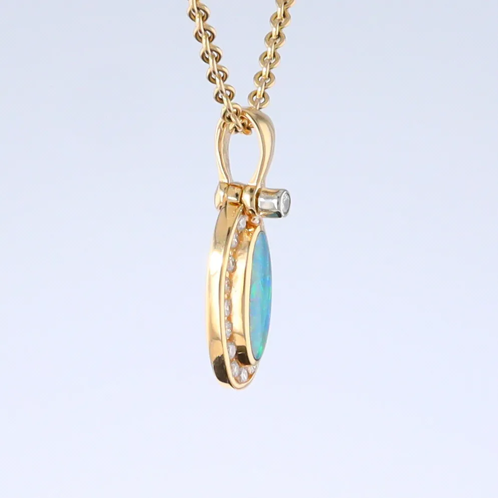 Opal Pendant Oval Inlaid Design with .22ctw Round Diamonds Halo