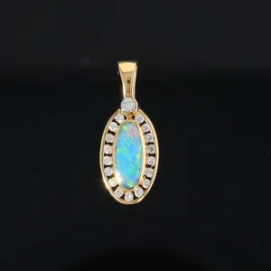 Opal Pendant Oval Inlaid Design with .22ctw Round Diamonds Halo
